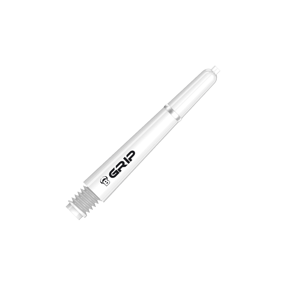 BS55079_Bulls_B-Grip-2_SL_Shafts_Weiss_35mm_2 Das Bild zeigt einen weißen Dartshaft mit der Aufschrift "B GRIP". Es handelt sich um das Produkt "Bulls B-Grip-2 SL Shafts - Weiß".