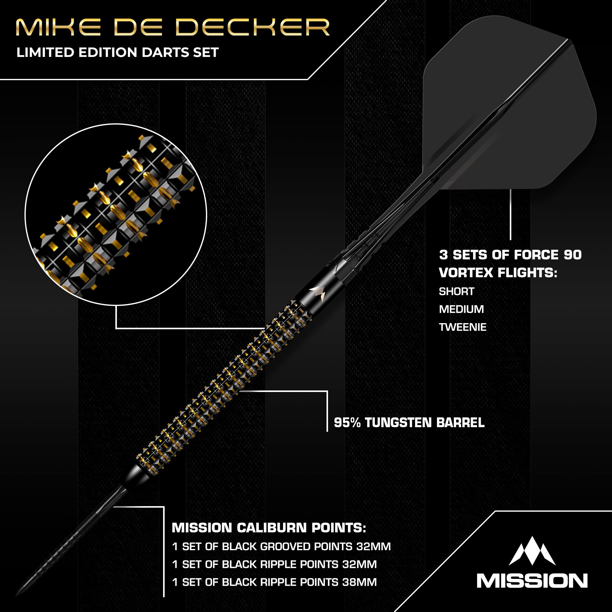 Mission Mike De Decker World Grand Prix Limited Edition Black Gold Steeldarts mit 24g wird hier gezeigt. Das Dart-Set besticht durch sein edles Design in Schwarz und Gold.