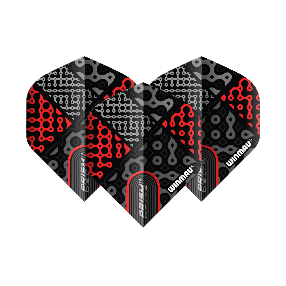 Das Bild zeigt drei Dart-Flights des Produkts "Winmau Prism Delta Cypher No2 Standard Flights". Die Flights sind in Schwarz, Rot und Grau mit auffälligen, geometrischen Mustern gestaltet.