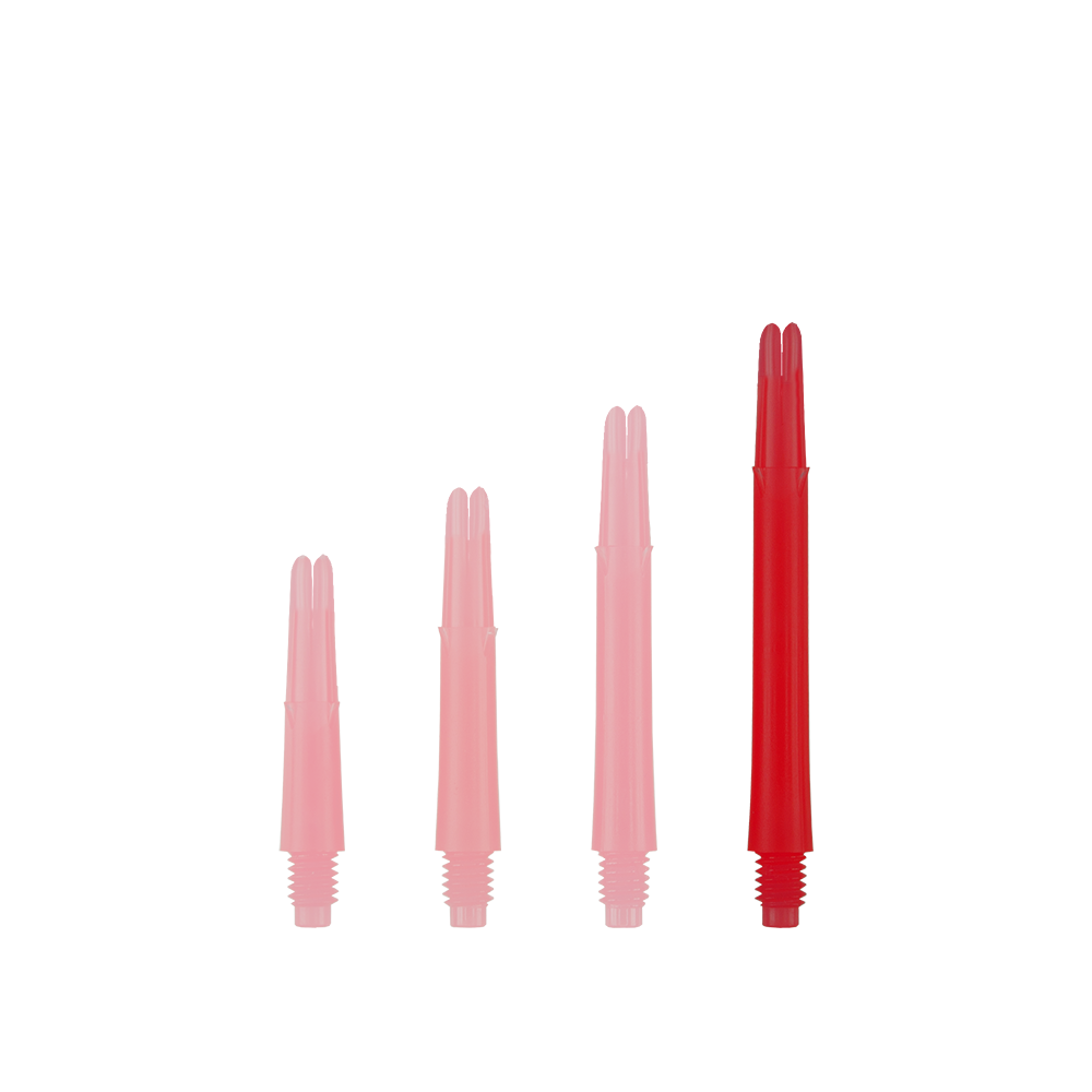 Das Bild zeigt vier rote, gerade Dart-Schäfte in unterschiedlichen Längen. Sie sind aufrecht und nebeneinander aufgereiht, ohne Kappen.