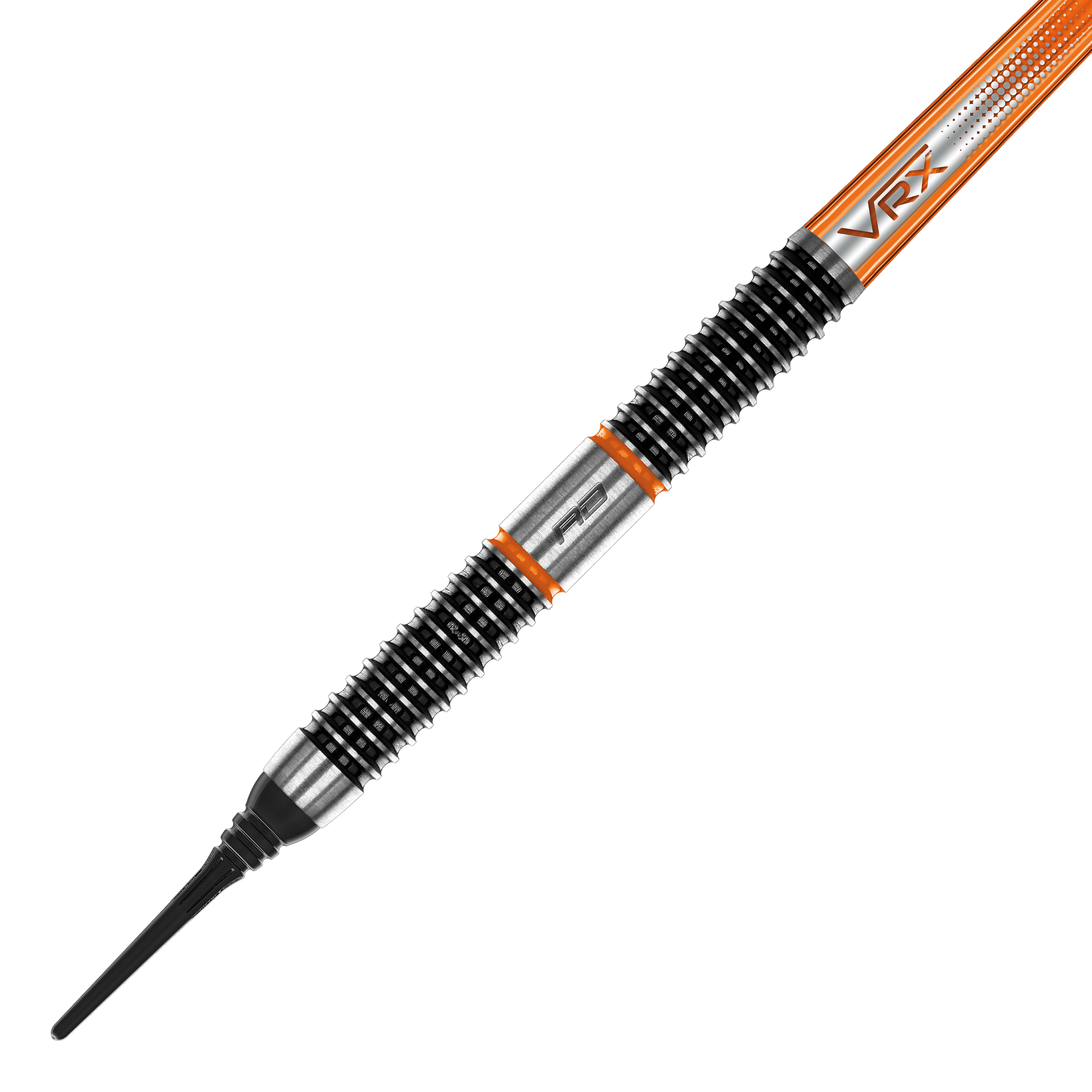 Šipky Red Dragon Amberjack 18 měkkých - 20g Das Bild zeigt einen Red Dragon Amberjack 18 Softdart mit einem Gewicht von 20 Gramm. Der Dartpfeil hat ein markantes Design mit schwarzen und silbernen Rillen sowie orangen Akzenten.