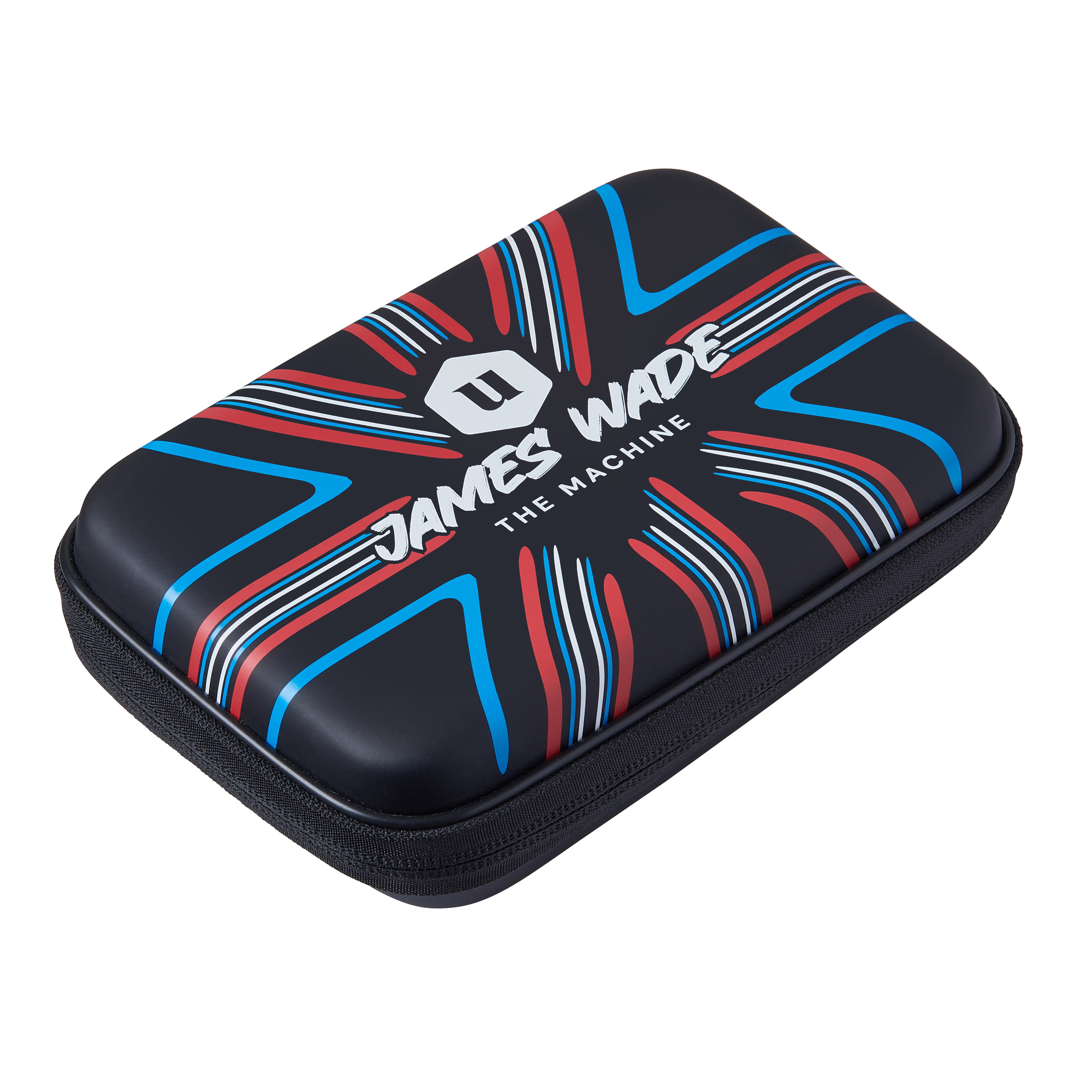 Peněženka na šipky Unicorn Ultra James Wade Das Bild zeigt ein Dartwallet mit dem Aufdruck "James Wade The Machine". Das Etui ist schwarz mit roten, blauen und weißen Designelementen.