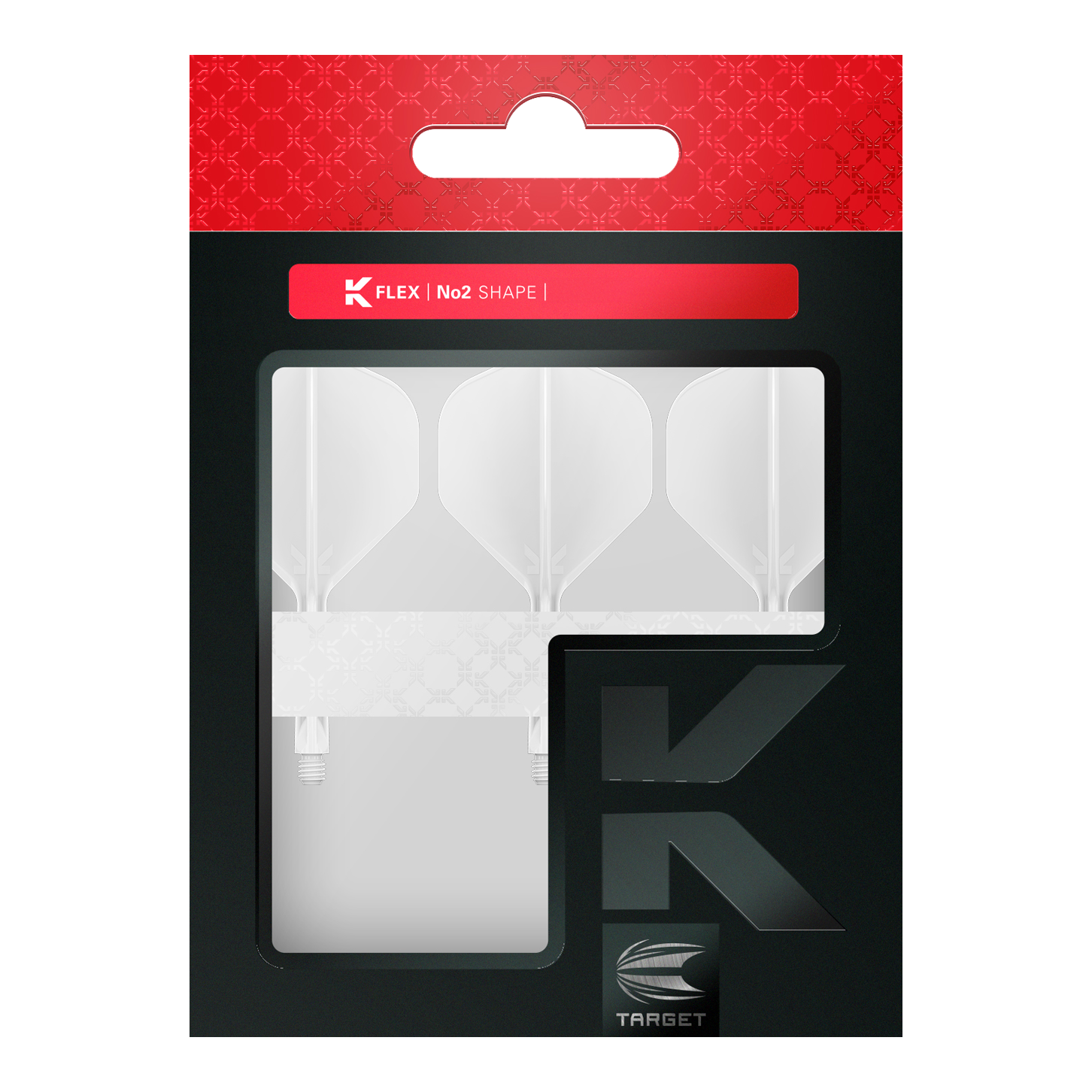 Standardní letový systém Target K-Flex No2 - bílý Das Bild zeigt eine Packung mit drei weißen Dart Flights der Marke Target. Die Verpackung ist schwarz mit einem roten oberen Teil und dem Aufdruck "K FLEX | No2 SHAPE".