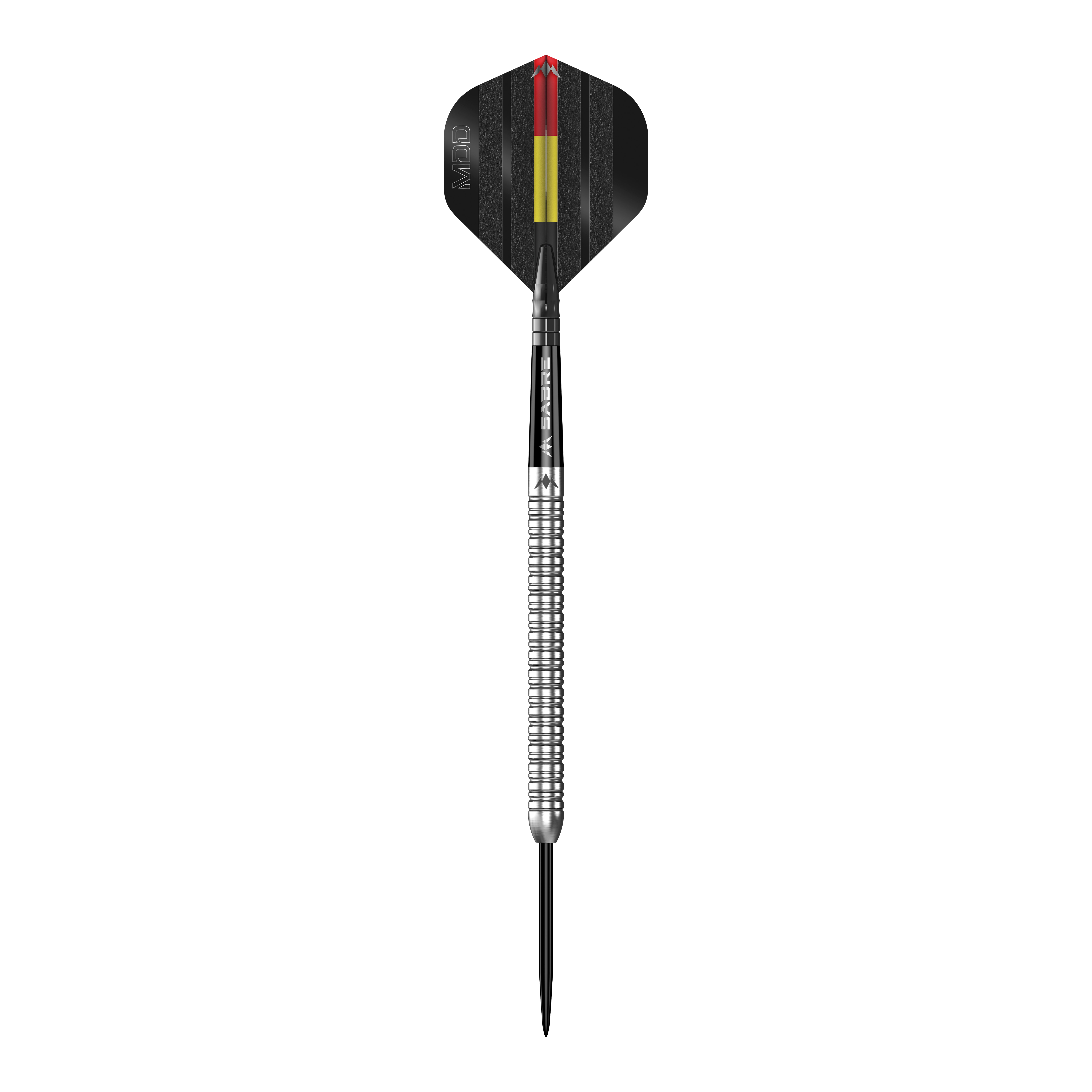 Das Bild zeigt einen einzelnen silbernen Steeldart namens "Mission Mike De Decker MDD Silver Steeldarts". Der Dart hat ein schwarz-gelbes Flight-Design und eine geriffelte silberne Barrel.