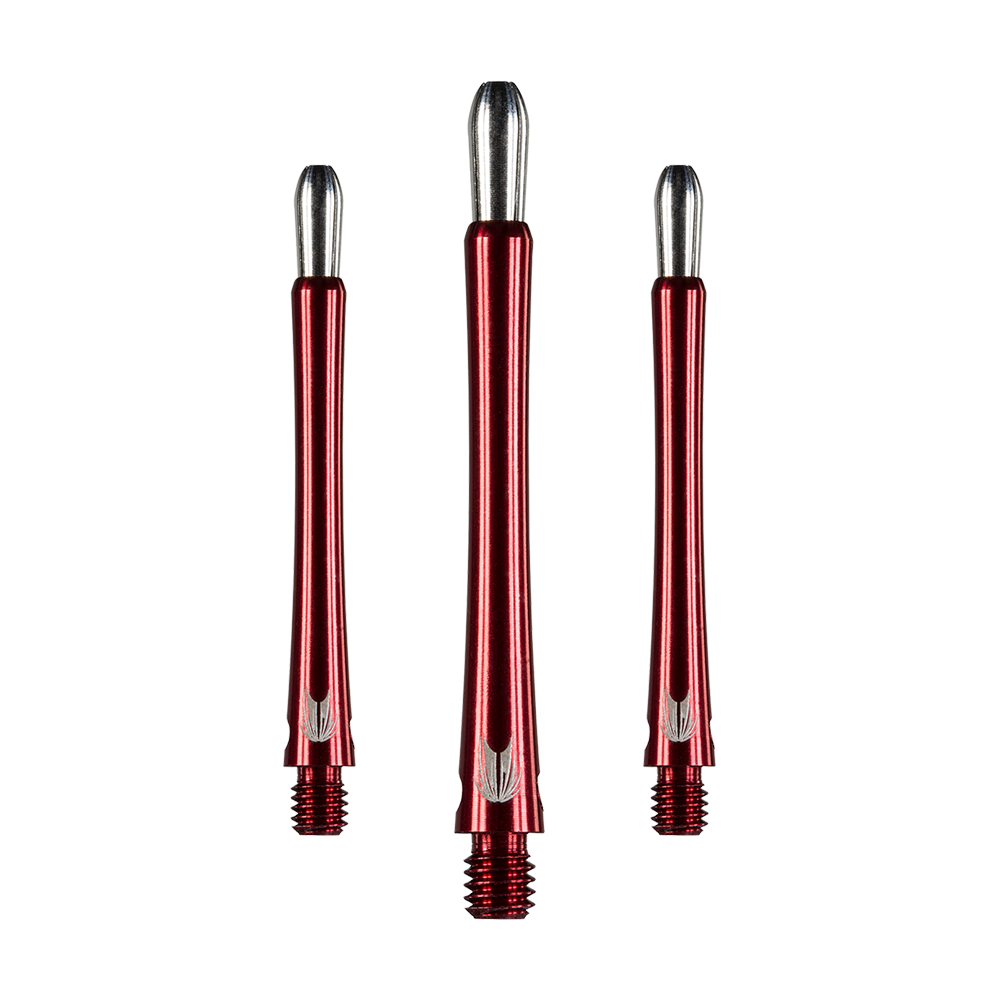 Das Bild zeigt drei rote Aluminium-Schäfte für Darts mit silbernen Enden. Die Schäfte haben ein glänzendes Finish und ein einfaches, elegantes Design.