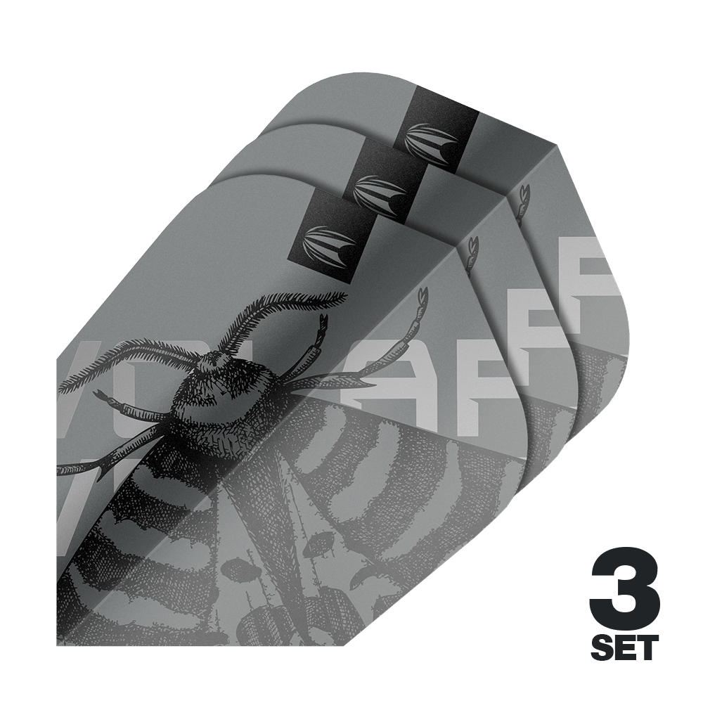 Letky Target Pro Ultra Volar Ten-X - 3 sady Das Bild zeigt drei Sätze Target Pro Ultra Volar Ten-X Flights in grau mit einem stilisierten Insekten-Design. In der Ecke steht "3 Set" in schwarzer Schrift.