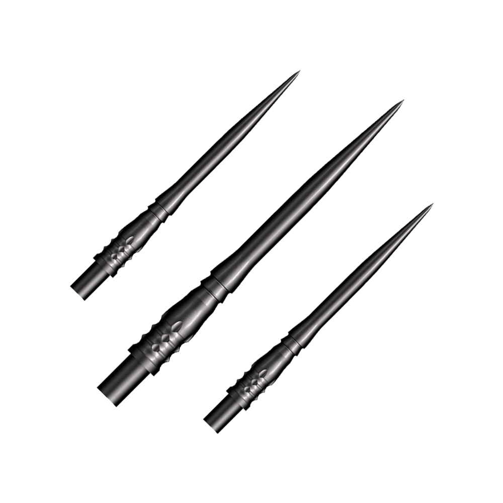 Das Bild zeigt drei schwarze Steeldart-Spitzen des Modells "Shot Cone Rocket" mit einer Länge von 35 mm. Die Spitzen sind schlank, spitz zulaufend und haben ein filigranes Design.
