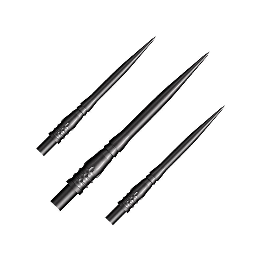 Ocelové hroty na šipky Shot Cone Rocket - černé - 35 mm Das Bild zeigt drei schwarze Steeldart-Spitzen des Modells "Shot Cone Rocket" mit einer Länge von 35 mm. Die Spitzen sind schlank, spitz zulaufend und haben ein filigranes Design.