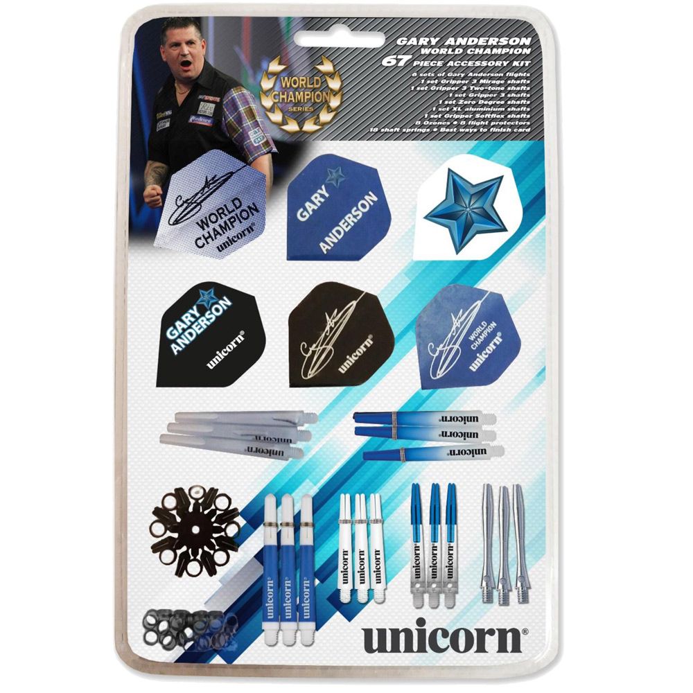71876 Das Bild zeigt das "Gary Anderson 64 Teile Zubehör Set" für Dartspieler. Das Set enthält verschiedene Flights, Shafts und weiteres Dartzubehör in einer Blisterverpackung der Marke Unicorn.