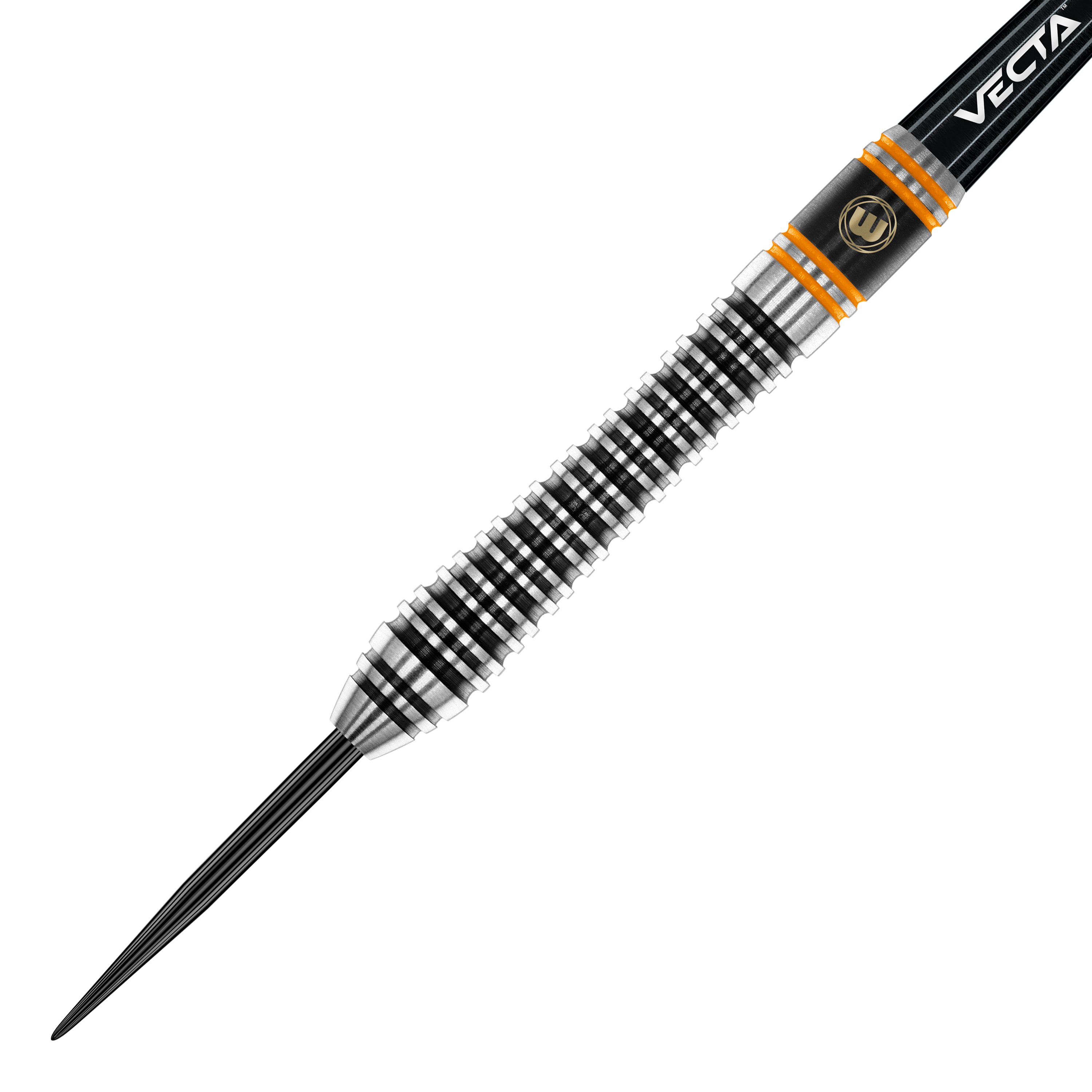 Ocelové šipky Winmau Danny Noppert Signature Edition 2 Das Bild zeigt einen Winmau Danny Noppert Signature Edition 2 Steeldart. Der Dart hat ein silbernes und schwarzes Rillendesign mit orangenen Akzenten.