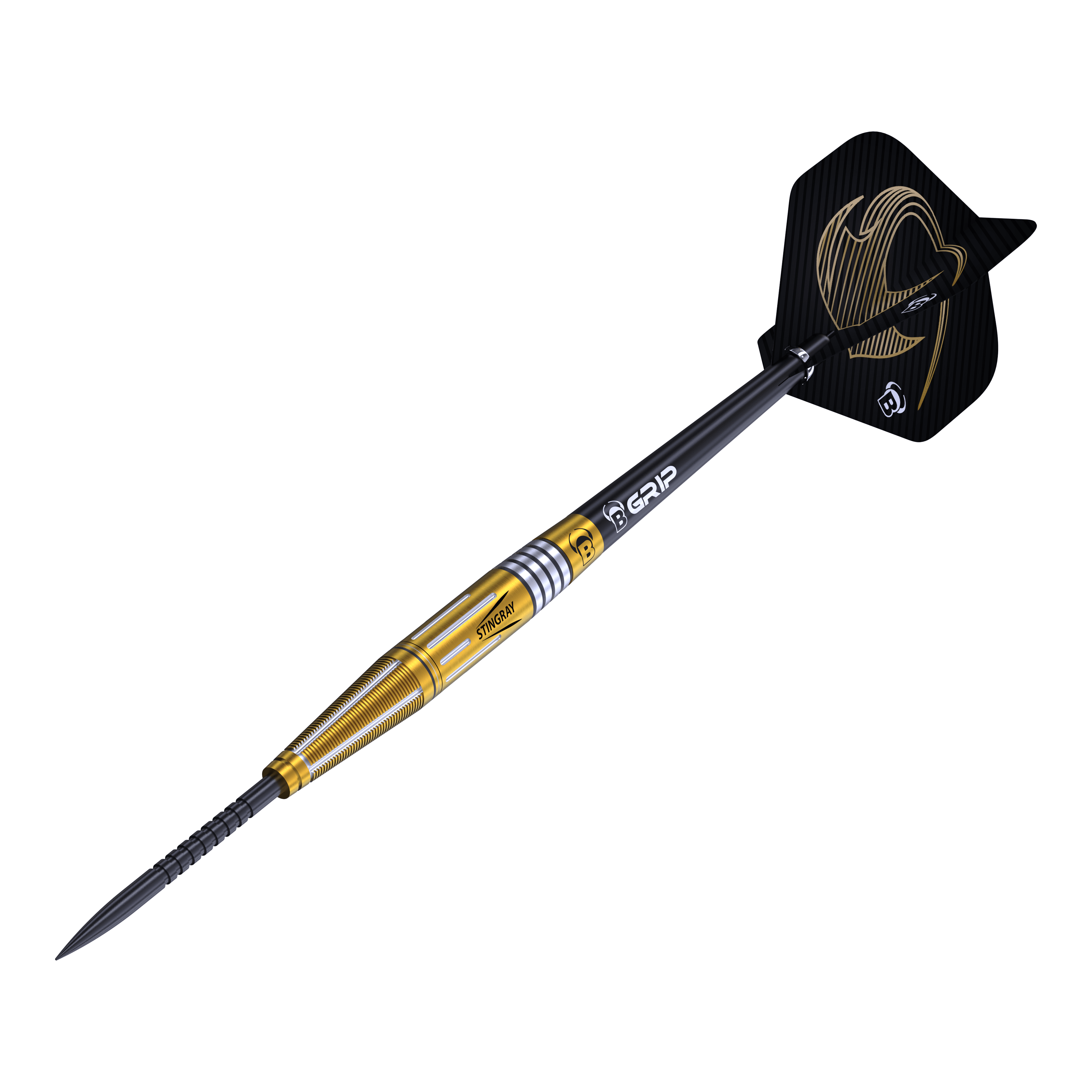 Das Bild zeigt einen Bulls Stingray ST4 Steeldart. Der Dart hat ein goldfarbenes Barrel und schwarze Flights mit einem auffälligen Design.