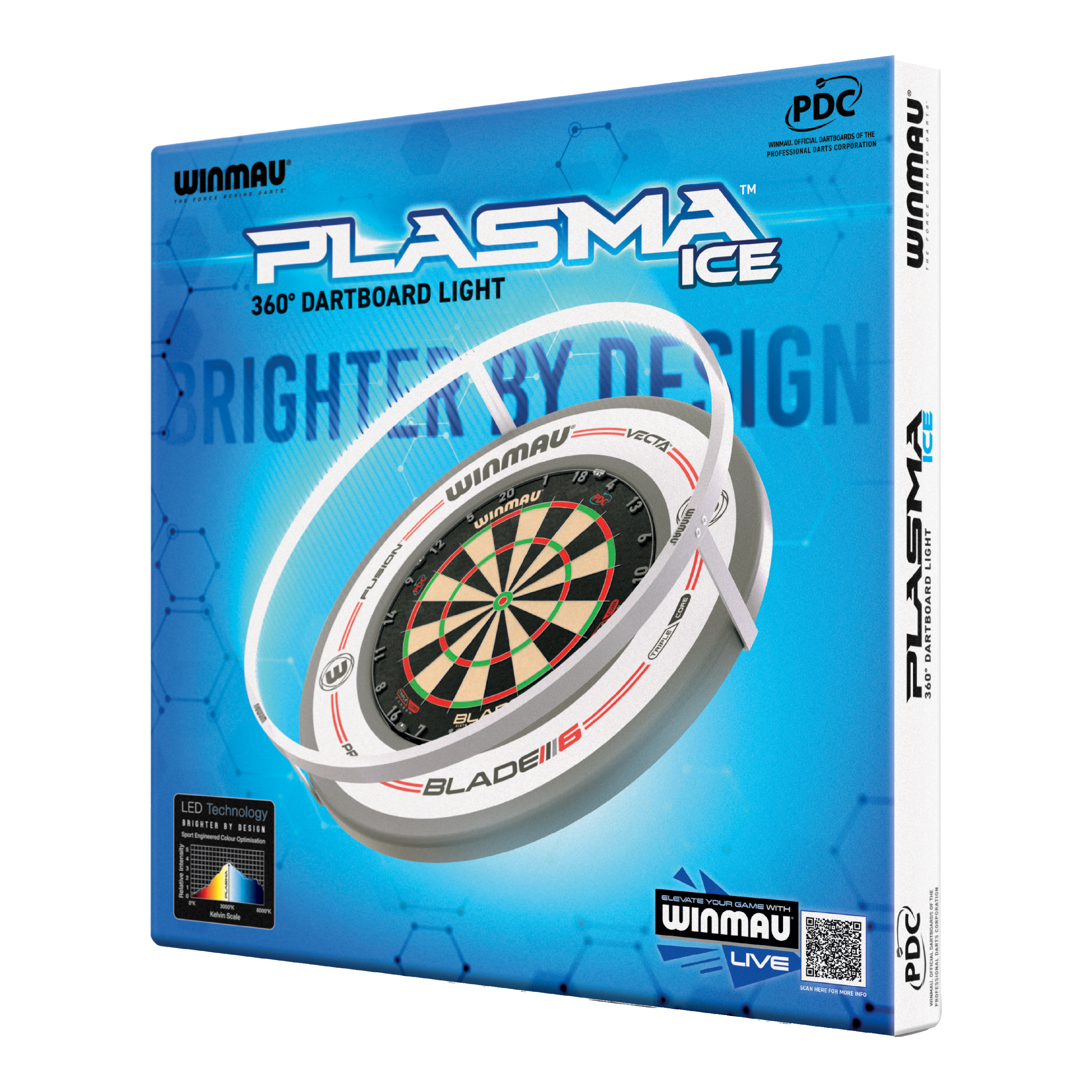 LED světlo na terč Winmau Plasma Ice Die Abbildung zeigt die Verpackung des "Winmau Plasma Ice LED Dartboard Light". Das Produkt bietet eine 360° Beleuchtung für Dartboards.