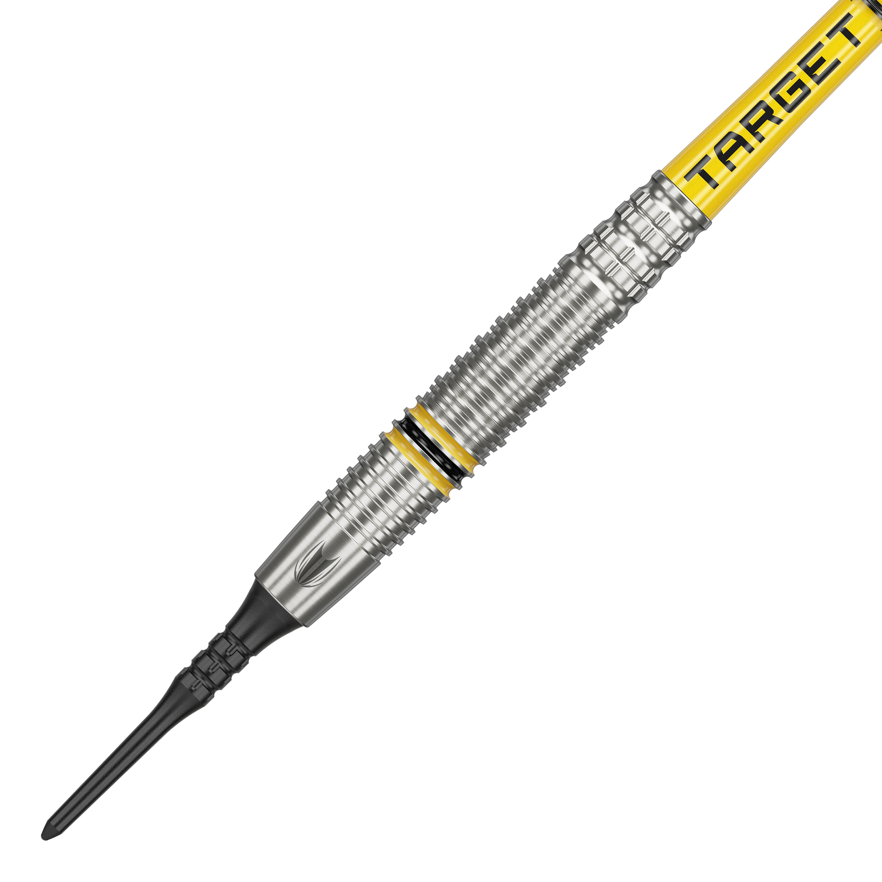 Měkké šipky Target Scott Williams GEN2 - 18g Das Bild zeigt einen Target Scott Williams GEN2 Softdart mit einem Gewicht von 18 Gramm. Der Dart hat silberne Rillen und gelbe Akzente sowie die Aufschrift "TARGET" auf dem Schaft.