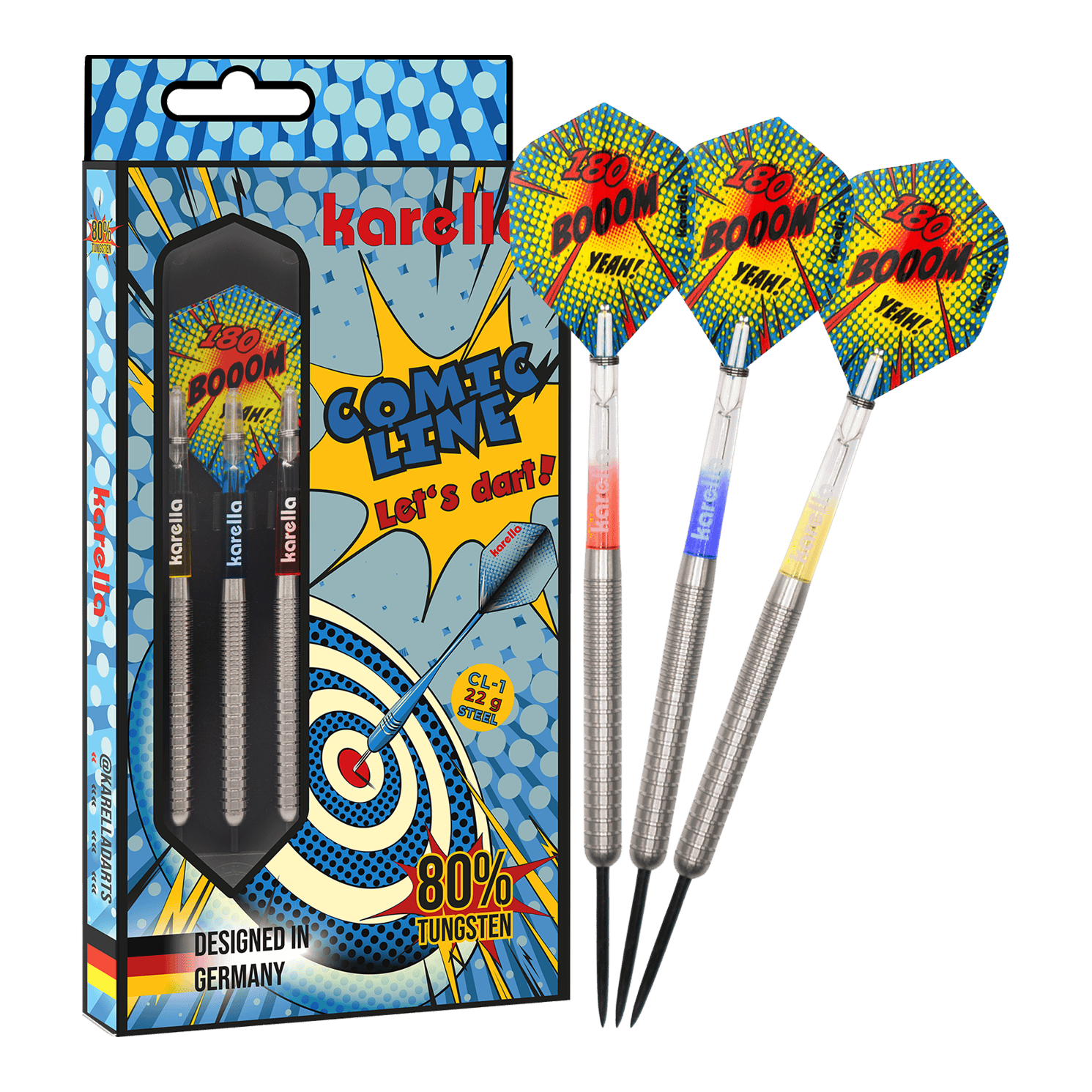 Ocelové šipky Karella Comic Line CL-1 - 22g Das Bild zeigt den Karella Comic Line CL-1 Steeldarts - 22g. Es veranschaulicht die vollständige Ansicht des Steeldartpfeils.
