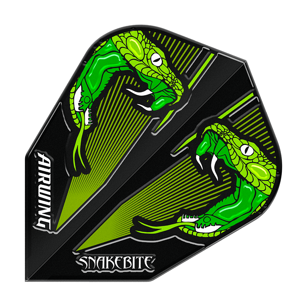 Red Dragon Airwing Peter Wright Green V-Standard lety Das Bild zeigt einen Dartflight mit zwei grünen Schlangen auf schwarzem Hintergrund. Die Wörter "AIRWING" und "SNAKEBITE" sind auf dem Flight zu sehen.