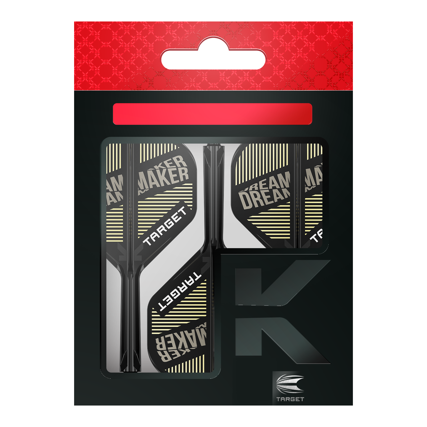 Das Bild zeigt eine Verpackung mit Dart-Flights und Schäften der Marke Target. Auf den Flights steht der Text "DREAM MAKER".