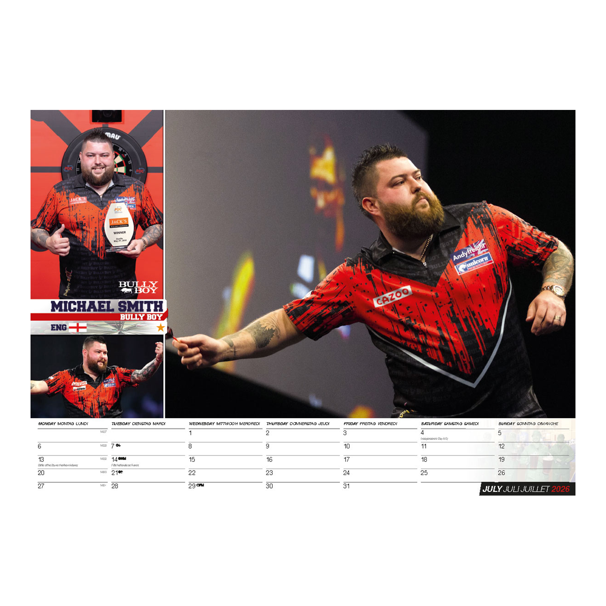 Der Darts Kalender 2026 ist auf diesem Bild zu sehen. Es zeigt eine Vorschau des Kalenders für Dart-Fans.
