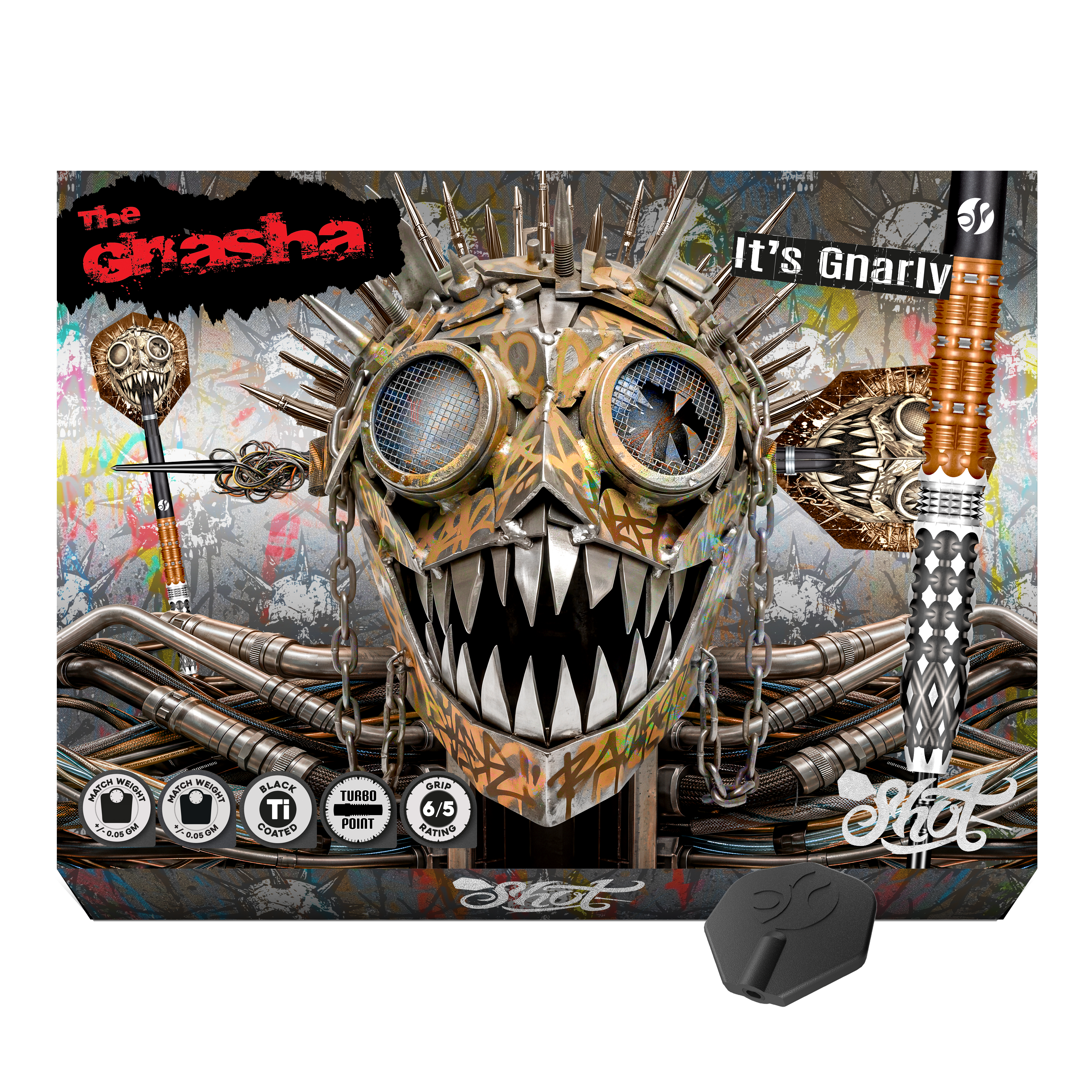 Ocelové šipky Shot Gnarly Gnasha Turbo Point - 23g Zu sehen ist ein weiterer Blickwinkel auf die Shot Gnarly Gnasha Turbo Point Steeldarts mit 23g. Die Darts bieten einen guten Halt und eine optimale Balance.