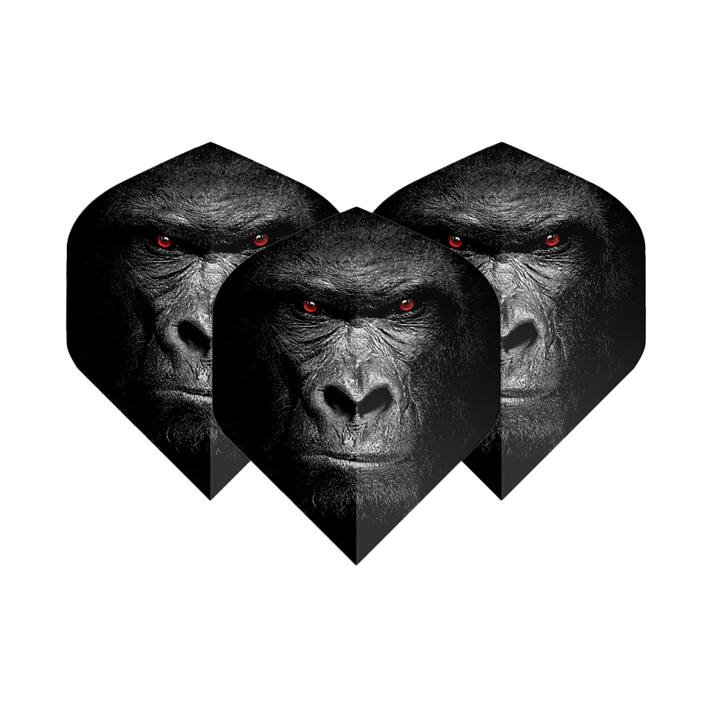 Lety v pětiboji Gorilla Das Bild zeigt drei Dart-Flights mit dem Gesicht eines Gorillas und leuchtend roten Augen. Die Flights sind das Produkt "Pentathlon Gorilla No2 Standard Flights".