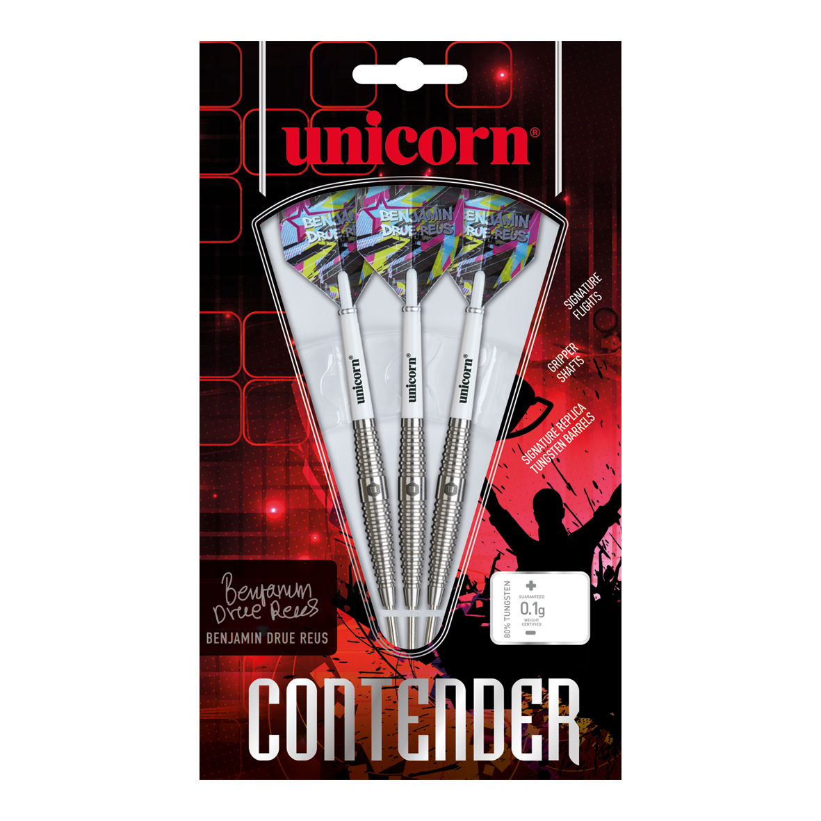 Das Bild zeigt eine Packung Unicorn Contender Benjamin Drue Reus Steeldarts mit einem Gewicht von 24 Gramm. Die Verpackung enthält drei Darts mit signierten Flights und silbernen Schäften.