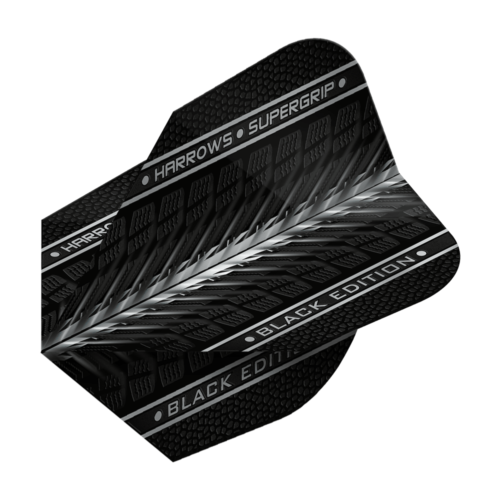 Letky Harrows Supergrip Black Edition č. 6 Das Bild zeigt das Produkt "Harrows Supergrip Black-Edition No6 Flights" in schwarzem Design. Auf dem Flight sind die Schriftzüge "HARROWS • SUPERGRIP" und "BLACK EDITION" zu sehen.