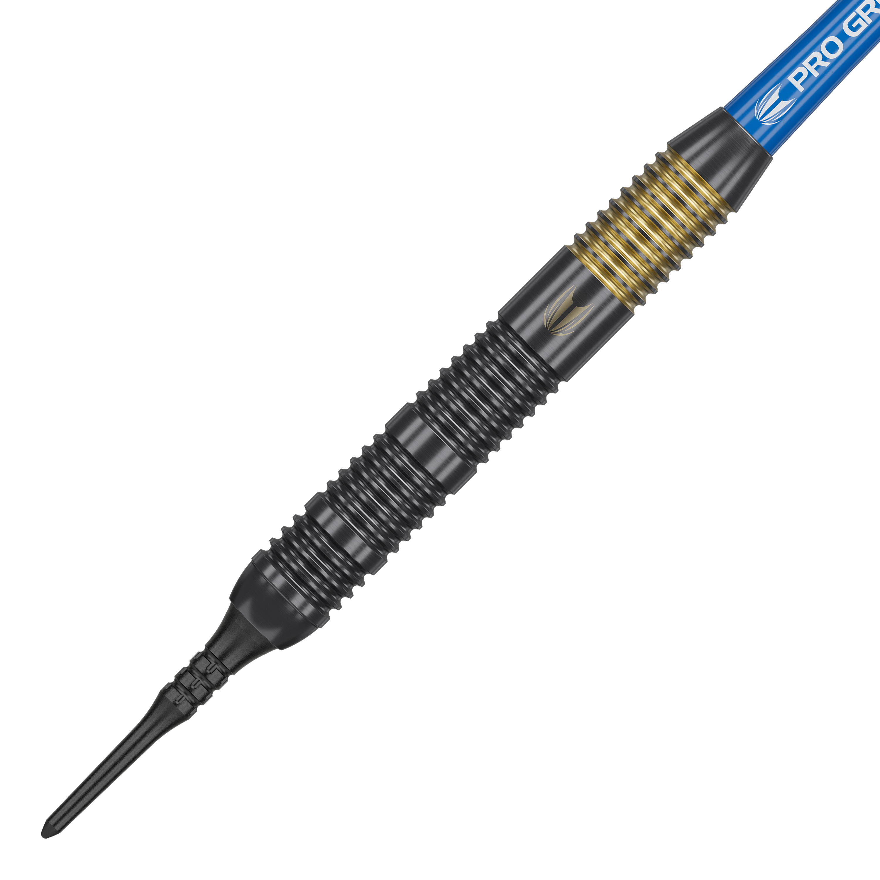 Šipky Target Josh Rock Brass měkké - 18g Das Bild zeigt einen Target Josh Rock Brass Softdart mit einem Gewicht von 18 Gramm. Der Dart hat einen schwarz-goldenen, gerillten Griff und eine blaue Flight-Halterung.