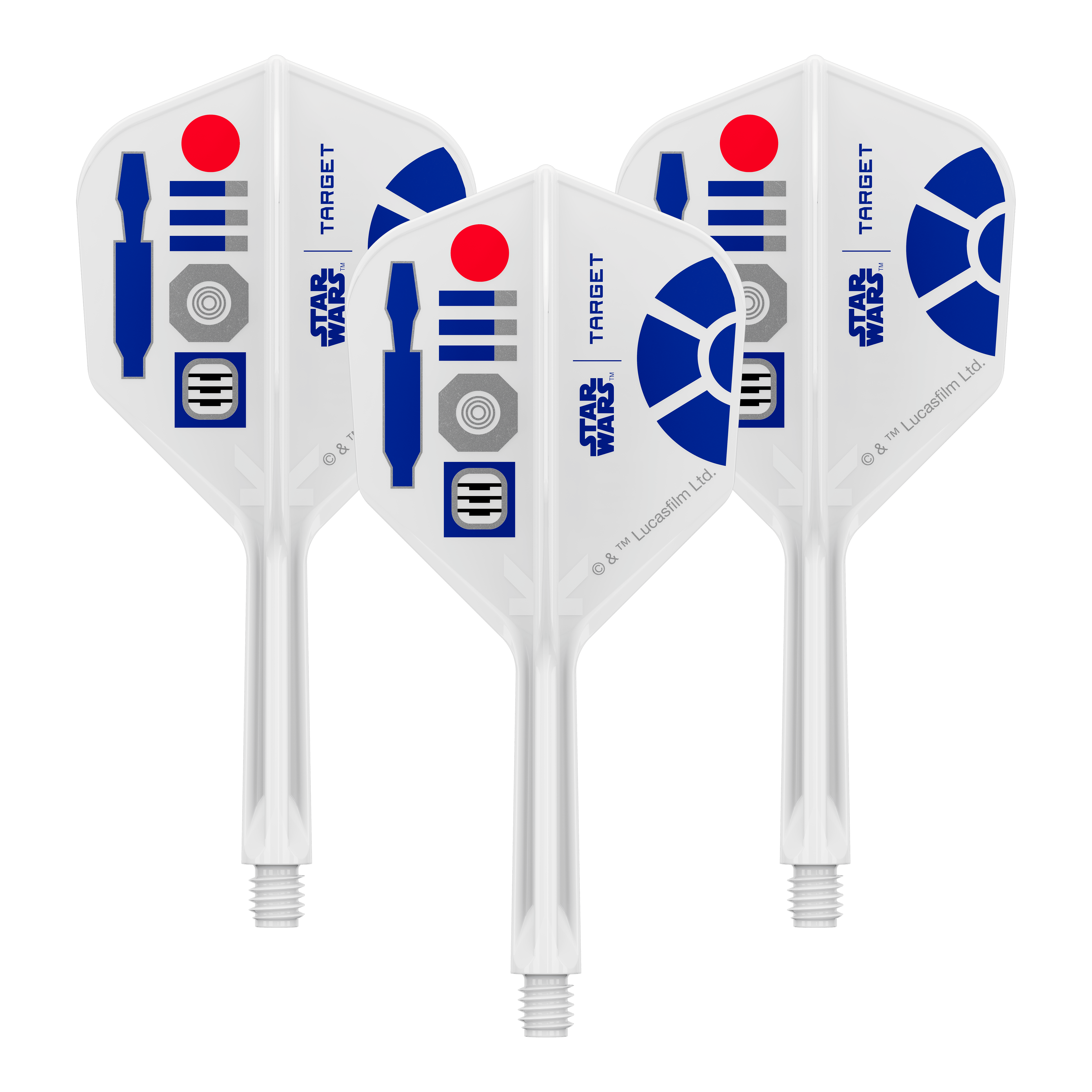 Lety Target Star Wars K-Flex R2D2 č. 6 Abgebildet ist ein Produkt mit dem Dateinamen 410511_Target_StarWars_KFlex_R2D2_No6_Flights_Intermediate_26mm_1Set. Es könnte sich um ein Set von Dart-Flights mit Star Wars Motiv handeln.