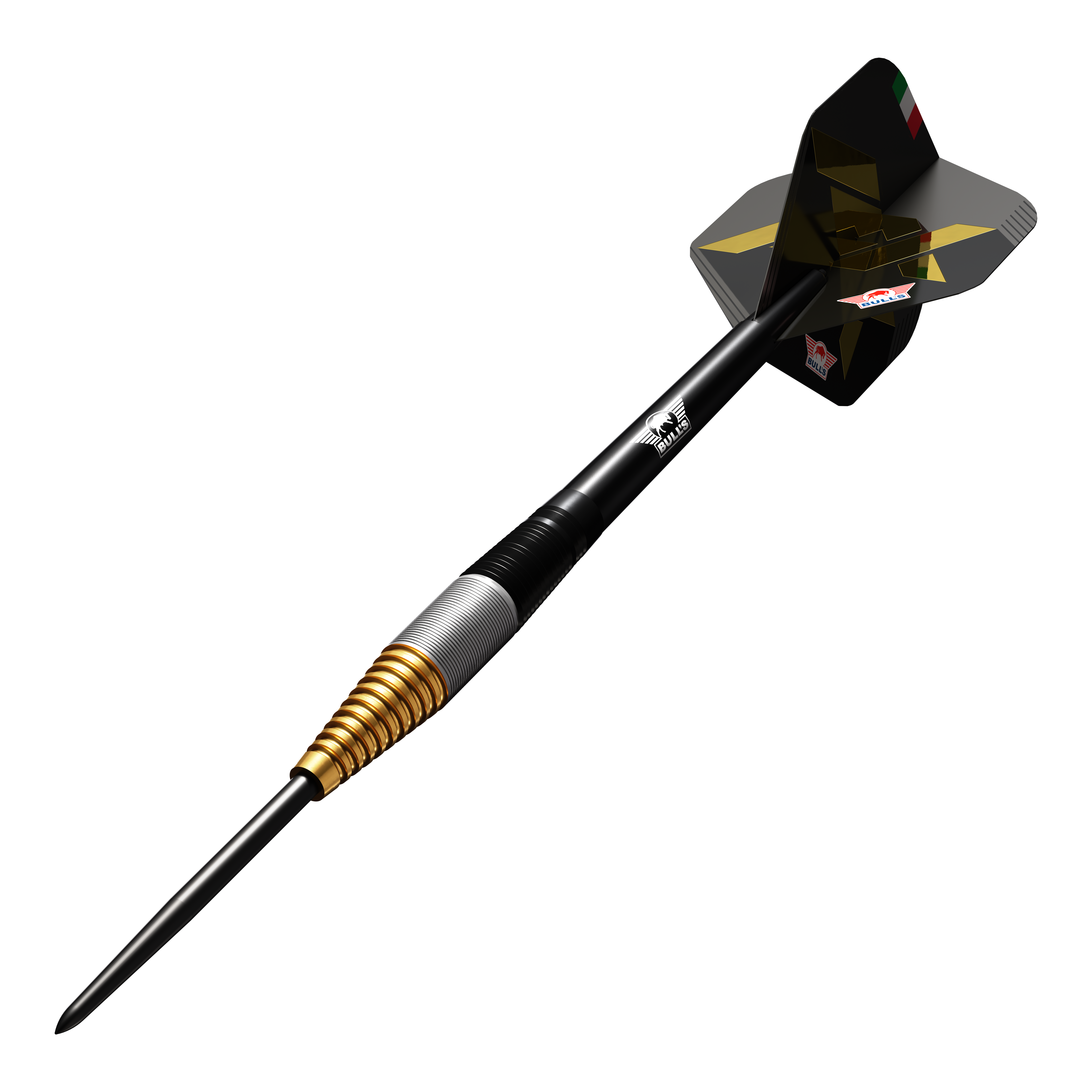 Das Bild zeigt einen Bulls NL Massimo Dalla Rosa Steeldart mit einem Gewicht von 20 Gramm. Der Dartpfeil hat ein elegantes Design mit goldenen und silbernen Ringen am Barrel sowie einer schwarzen Flights.