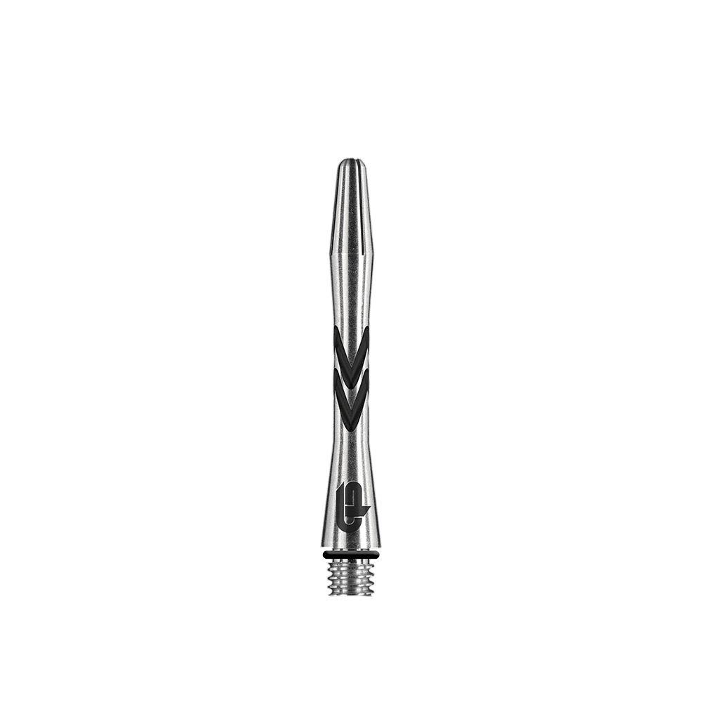 C648_Red_Dragon_Gerwyn_Price_V-Groove_Aluminium_Shafts_Black_36mm_1tqhsCSeZLo6e4 Das Bild zeigt einen Red Dragon Gerwyn Price V-Groove Black Aluminium Shaft mit einer Länge von 36 mm. Der Schaft ist silberfarben mit schwarzen V-förmigen Rillen.