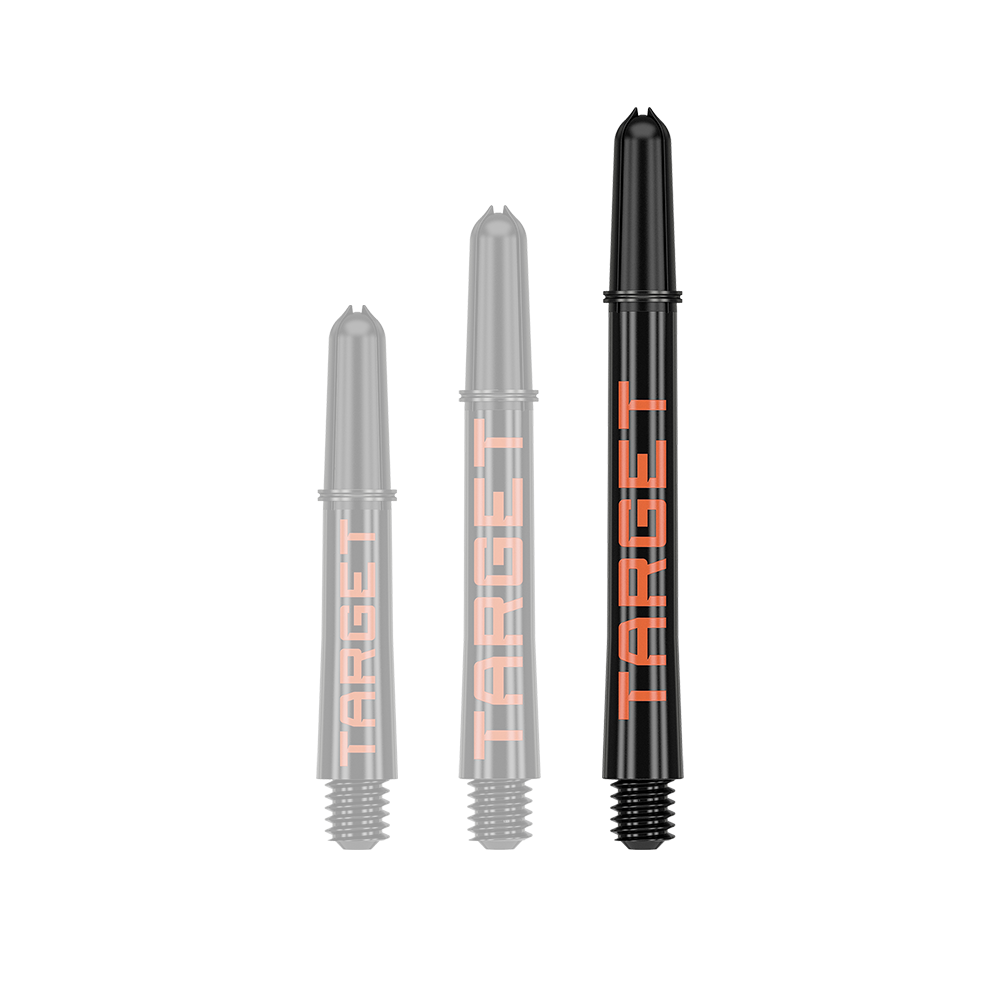 Násadky Target Pro Grip TAG - 3 sady - černo-oranžové Das Bild zeigt drei schwarze Dartschäfte in verschiedenen Längen mit orangefarbener Schrift. Auf jedem Schaft steht das Wort "TARGET".