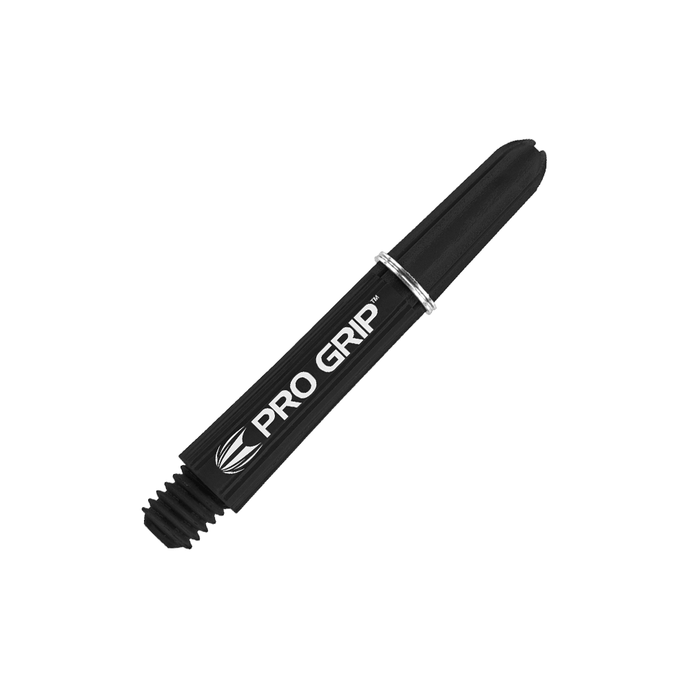 Target Pro Grip Shafts - 3 sady - Black Das Bild zeigt einen schwarzen Pro Grip Schaft für Dartpfeile mit weißer Schrift. Der Schaft ist 34 mm lang und hat einen silbernen Ring.