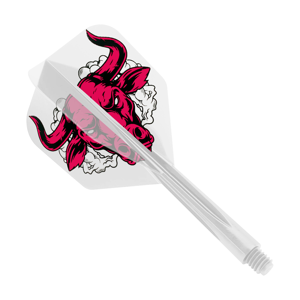 Condor Axe Aussie Bull Clear Flight System Small Das Bild zeigt einen klaren Dart-Flight mit einem roten Stierkopf-Design. Es handelt sich um das Produkt „Condor Axe Aussie Bull Clear Flight-System Small“.