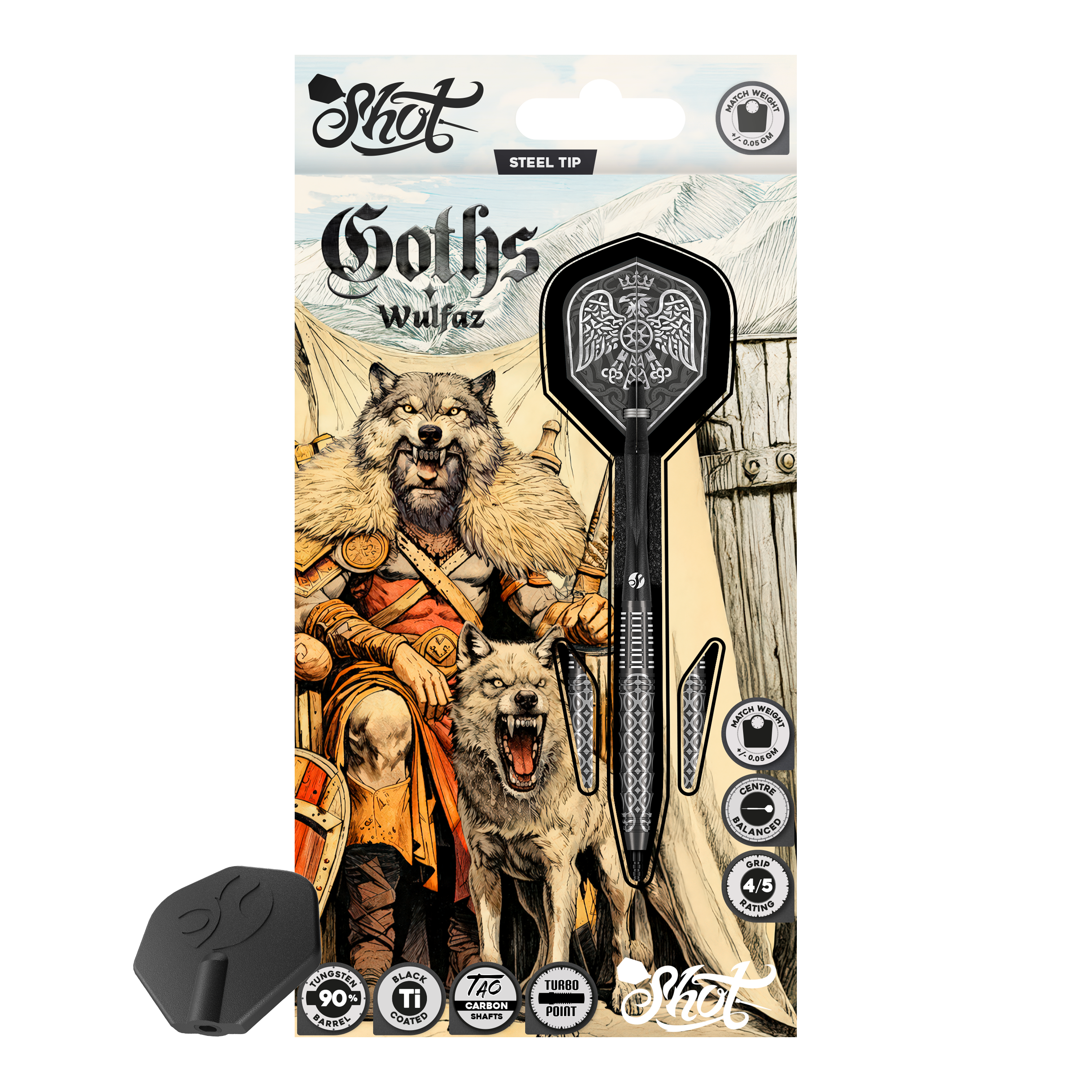 Ocelové šipky Shot Goths Wulfaz Turbo Point - 23g Das Bild zeigt die Shot Goths Wulfaz Turbo Point Steeldarts mit 23 Gramm. Diese Pfeile sind für das Steeldartspiel konzipiert.