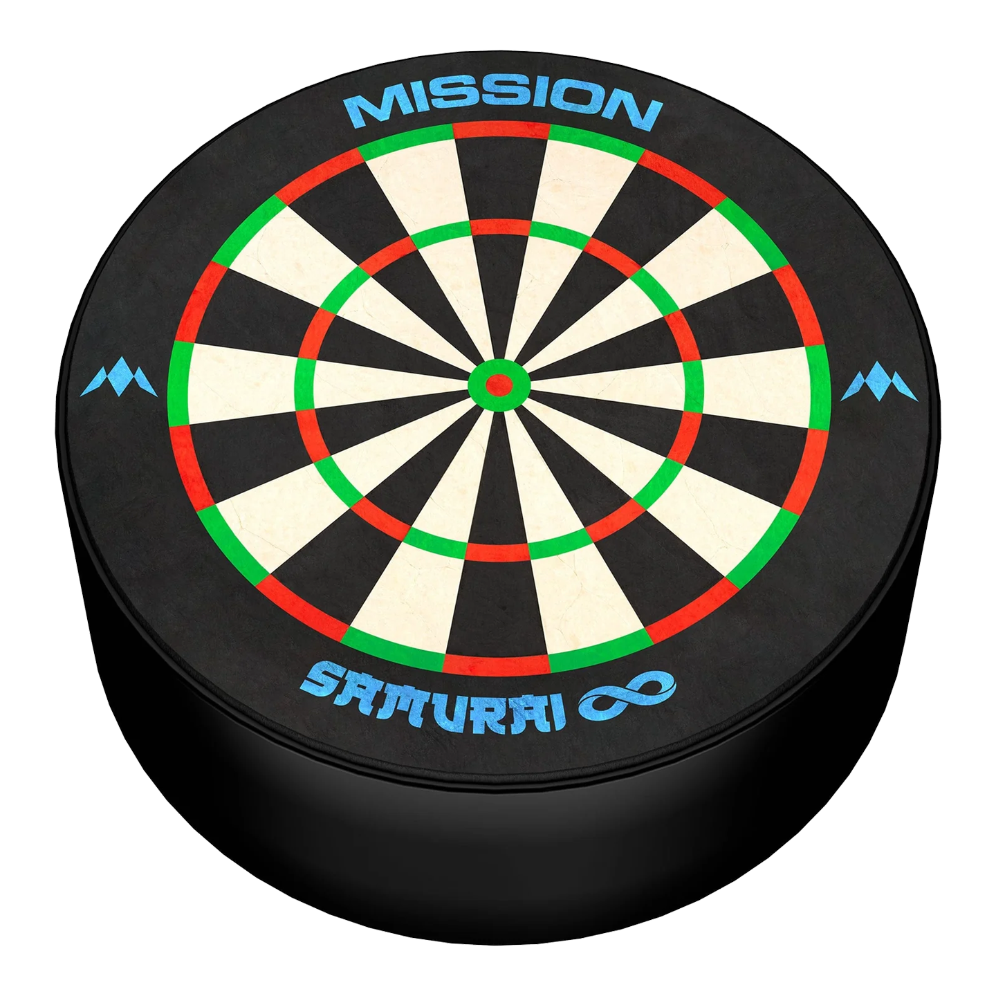 Das Bild zeigt eine Mini-Dartscheibe mit dem Namen "Mission Samurai Infinity". Die Scheibe ist rund und hat farbige Markierungen sowie den Schriftzug "MISSION SAMURAI ∞" darauf.