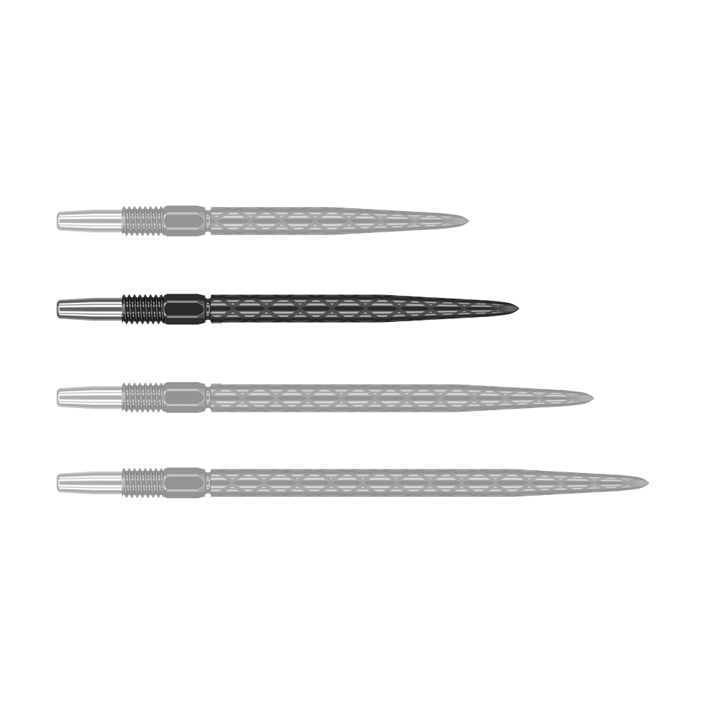 Das Bild zeigt vier schwarze Dartspitzen mit silbernem Gewinde, die nebeneinander liegen. Die Spitzen haben eine rautenförmige Struktur entlang des Schafts.