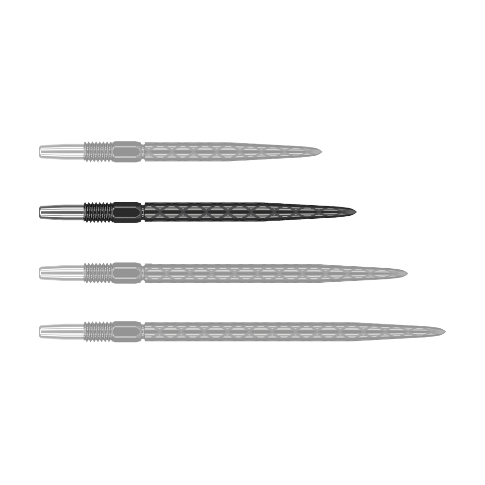 Zaměřte hroty šipek Swiss Diamond Pro Black Points Das Bild zeigt vier schwarze Dartspitzen mit silbernem Gewinde, die nebeneinander liegen. Die Spitzen haben eine rautenförmige Struktur entlang des Schafts.