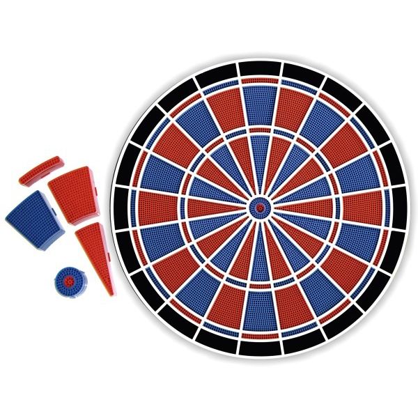 Ersatzscheibe_PremiumSilver Das Bild zeigt eine Ersatzscheibe für Karella Premium Silver. Zu sehen sind die runde Dartscheibe und einige Ersatzsegmente in Rot und Blau.