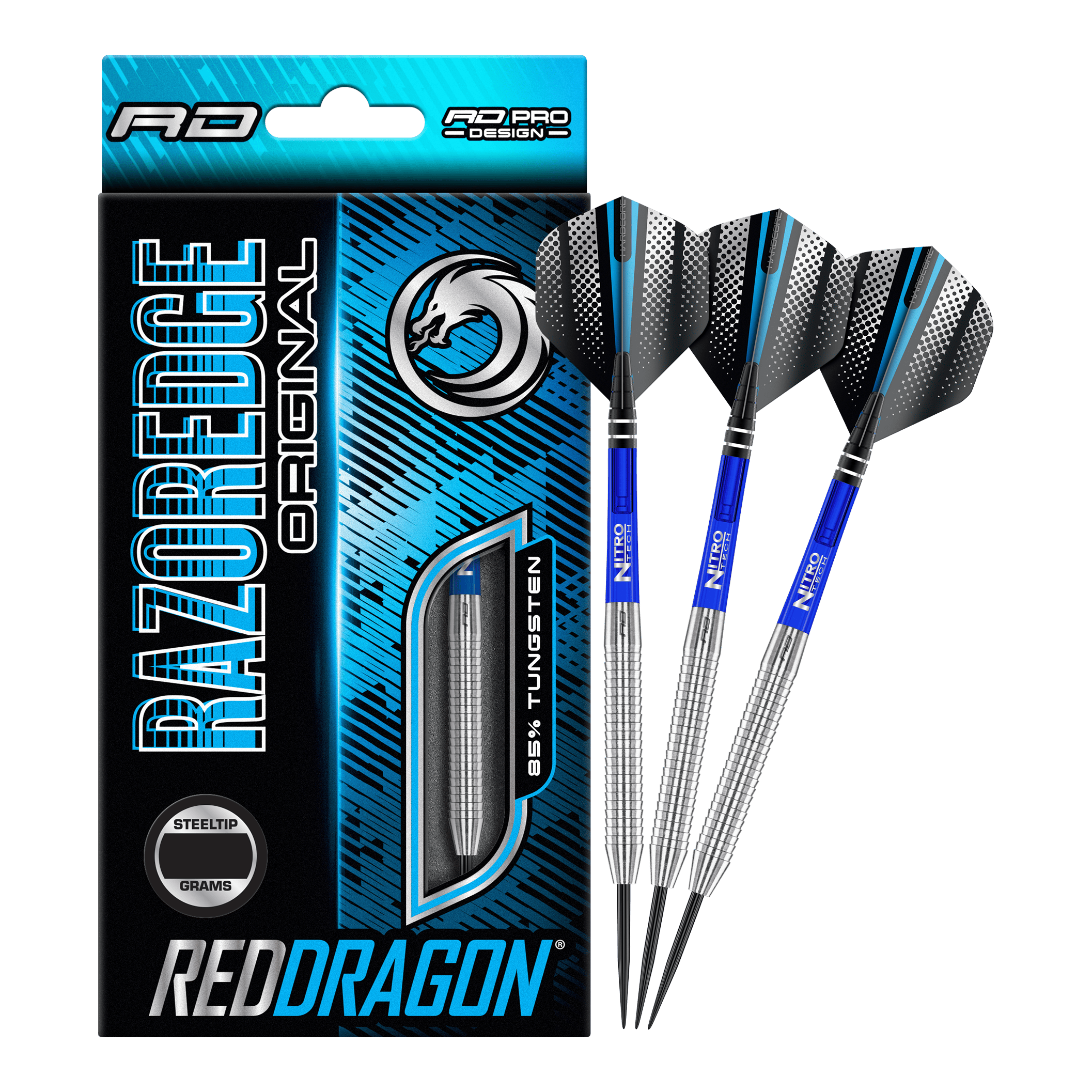 Šipky Red Dragon Razor Edge Original Steel Das Bild zeigt eine Packung „Red Dragon Razor Edge Original Steeldarts - 24g“ und drei dazugehörige Dartpfeile. Die Verpackung ist hauptsächlich blau und schwarz gestaltet und hebt den Schriftzug „RAZOREDGE ORIGINAL“ sowie „85% TUNGSTEN“ hervor.
