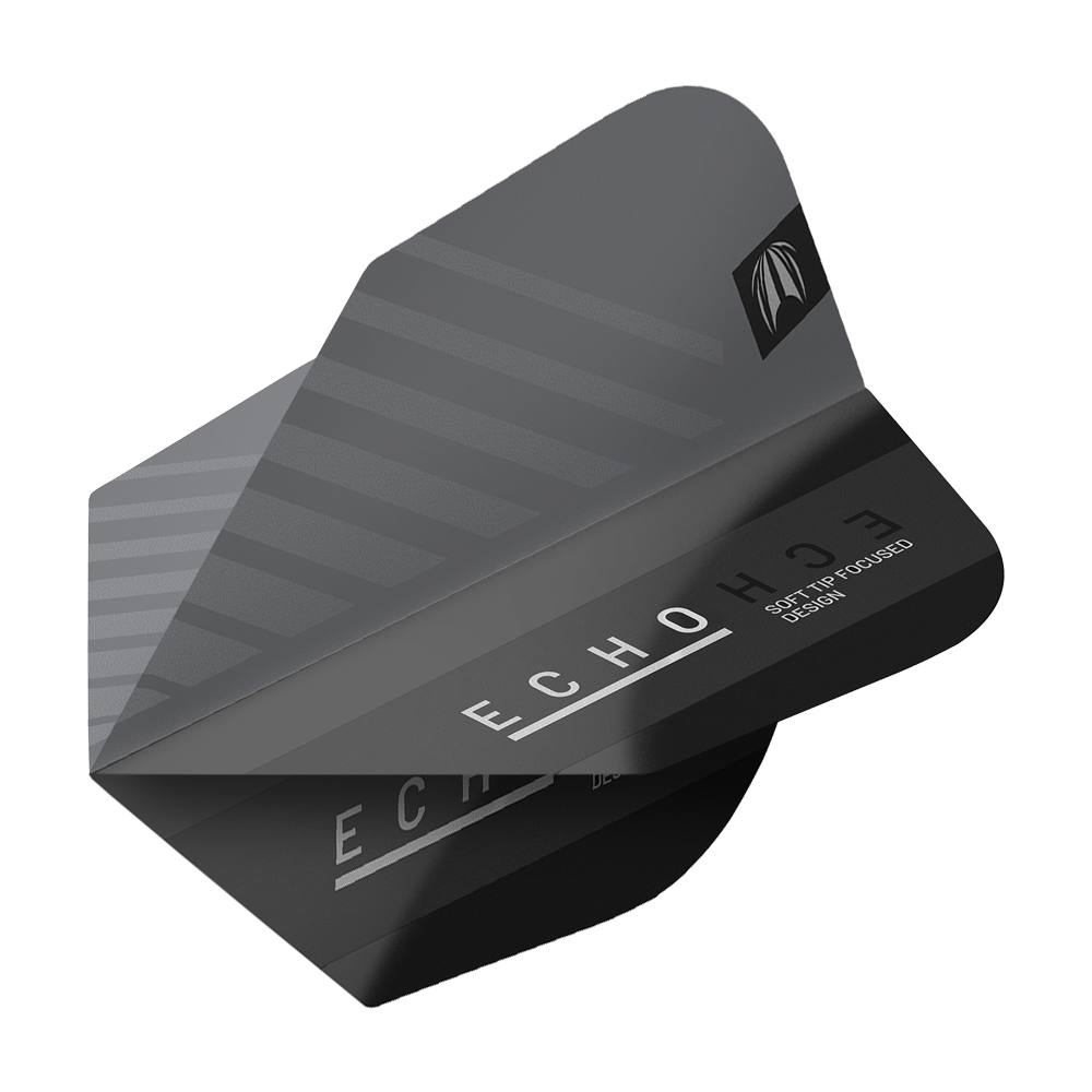 TG481_335410_Target_ProUltra_Echo_No6_Flights_2 Das Bild zeigt das Produkt "Target ProUltra Echo No6 Flights". Es handelt sich um eine schwarze Dartflugfeder mit modernem, minimalistischem Design und der Aufschrift "ECHO".
