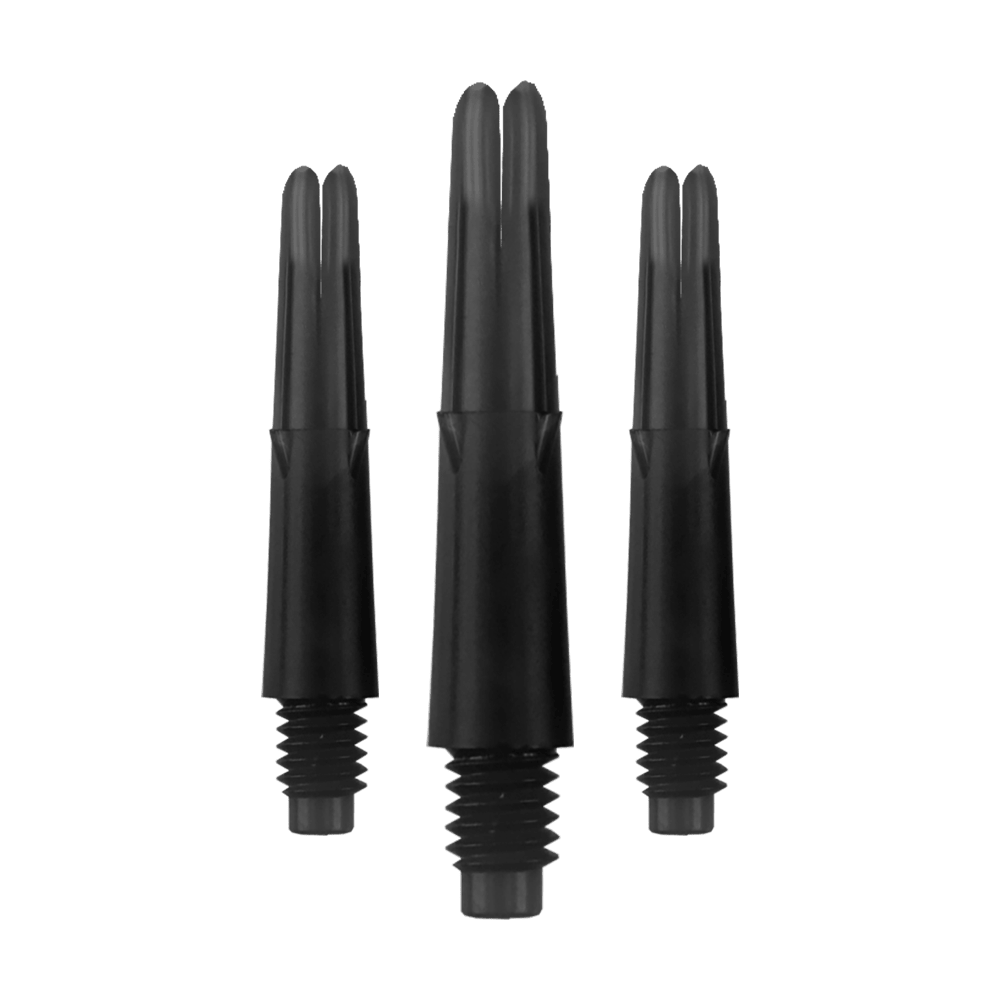 L-L-Style-Shafts Uzamčené rovné - Černé Das Bild zeigt drei schwarze, gerade Dartschäfte ohne Kappen. Sie sind nebeneinander auf einem neutralen Hintergrund angeordnet.