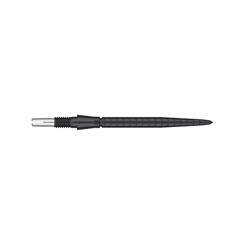 Špičky na šipky Target Swiss Storm Quartz - černé Das Bild zeigt eine schwarze Dartspitze mit feinen Rillen und einem schlanken Design. Die Spitze hat eine Länge von 30 mm und wirkt hochwertig verarbeitet.