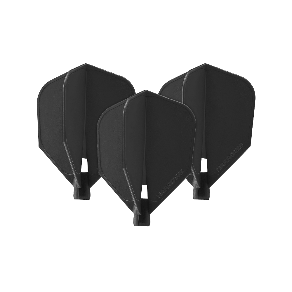 HRC-100_Harrows_Clic_Standard_Flight_Black_1a1zsfdYqd88dl Das Bild zeigt drei schwarze Harrows Clic Standard Flights für Dartpfeile. Sie sind schlicht gestaltet und eignen sich ideal für den professionellen Dartsport.
