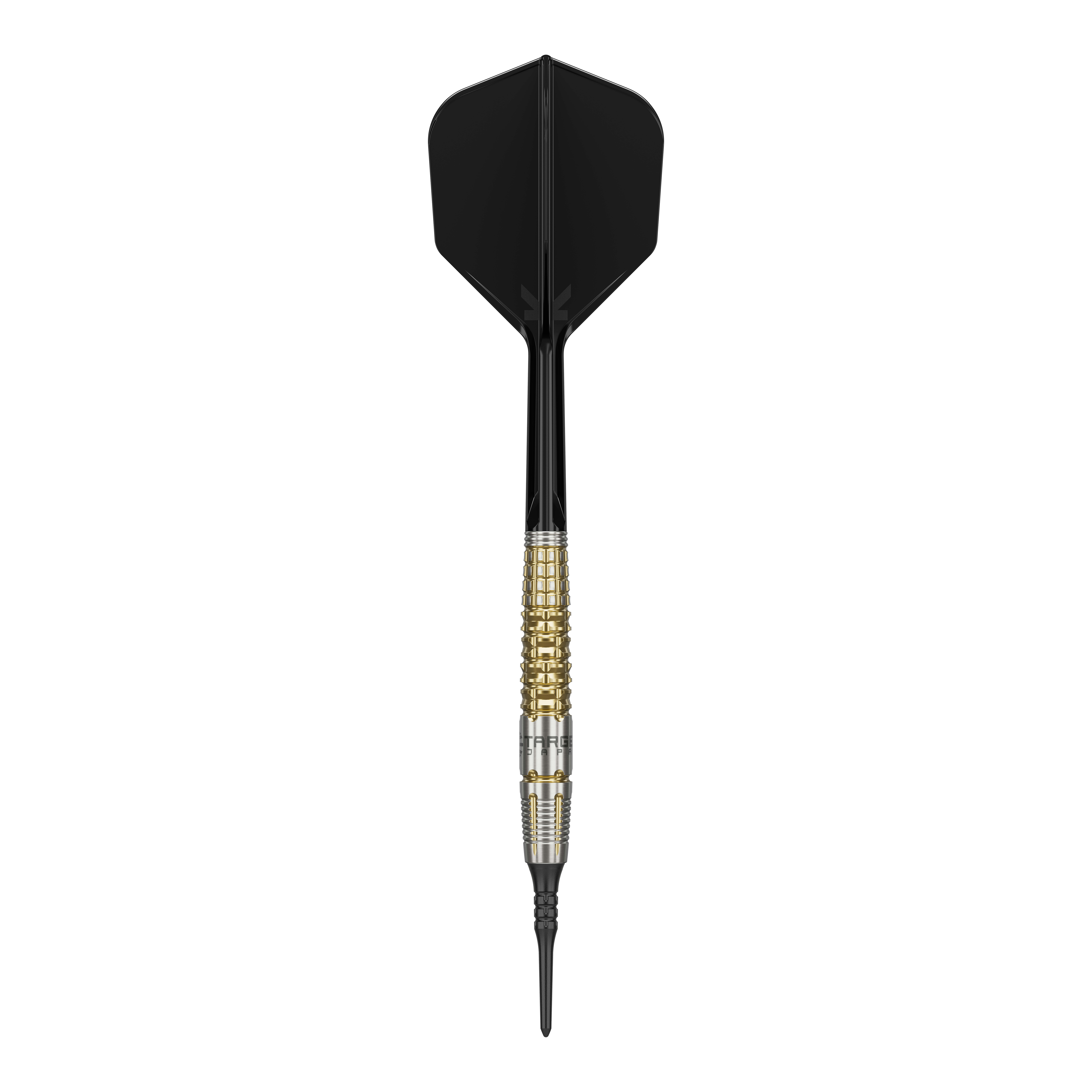 Měkké šipky Target Japan Black Marque Warrior - 18,5 g Das Bild zeigt einen Target Japan Black Marque Warrior Softdart mit einem Gewicht von 18,5g. Der Dart hat eine schwarze Spitze und Flügel sowie einen gold-silbernen Griffbereich.