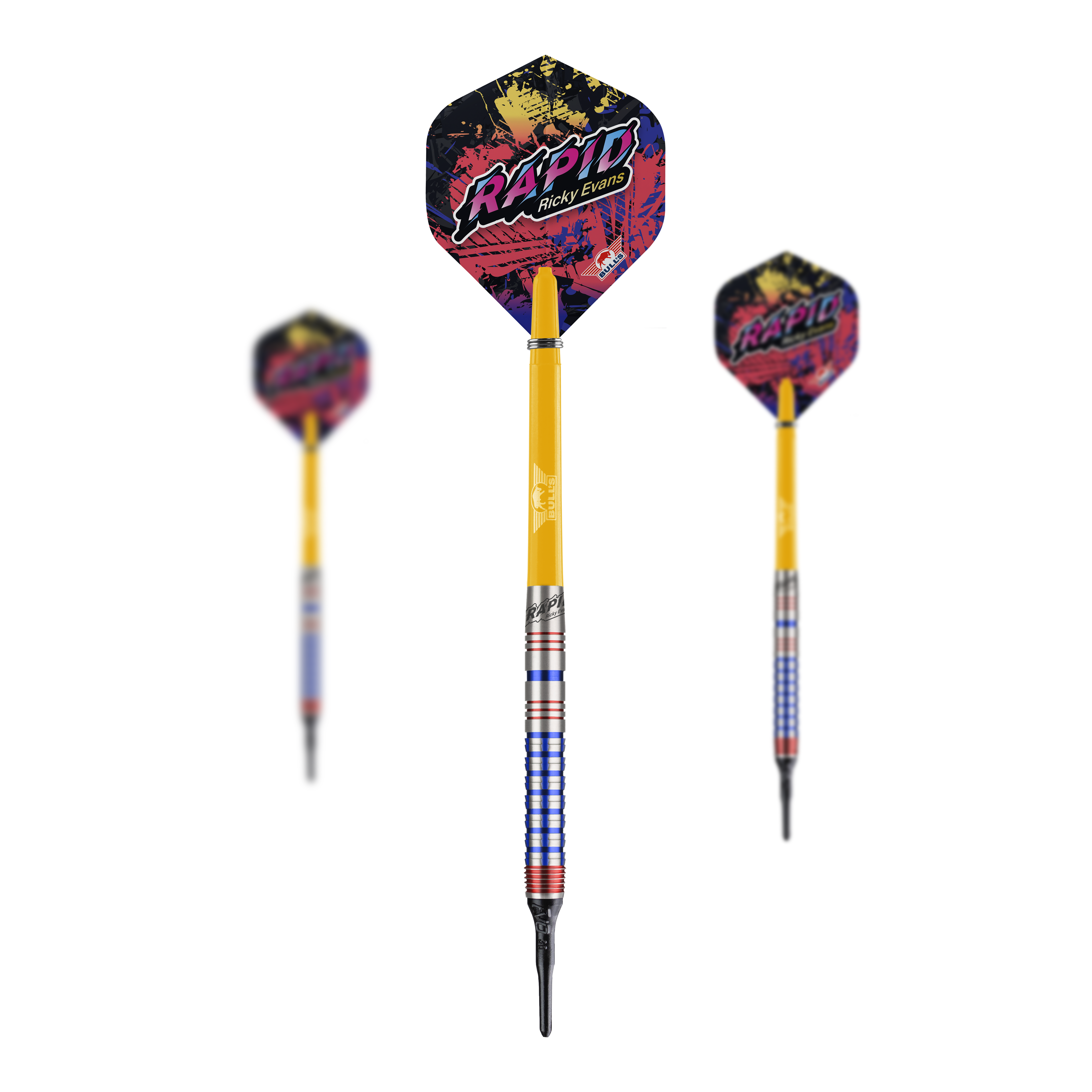 Bulls NL Ricky Evans Rapid Edition One Soft Darts - 20g Das Bild zeigt drei Softdarts der Marke "Bulls NL Ricky Evans Rapid Edition One" mit einem Gewicht von 20g. Die Darts sind gelb mit farbigen Flights, auf denen "Rapid Ricky Evans" steht.