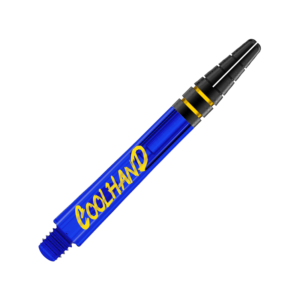 Red Dragon Nitrotech Luke Humphries Coolhand šachty - modré Dies ist ein blauer Dart-Schaft mit der gelben Aufschrift "COOLHAND". Am oberen Ende befinden sich zwei schwarze Ringe mit goldenen Akzenten.
