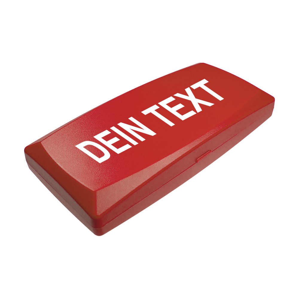 MD-ABS-Rot_W_Bedruckte_ABS_Box_Wunschtext_Rot_1cUmXkp4UJtvNn Auf dem Bild ist eine rote Kunststoffbox zu sehen. Auf der Box steht in weißen Buchstaben "DEIN TEXT".