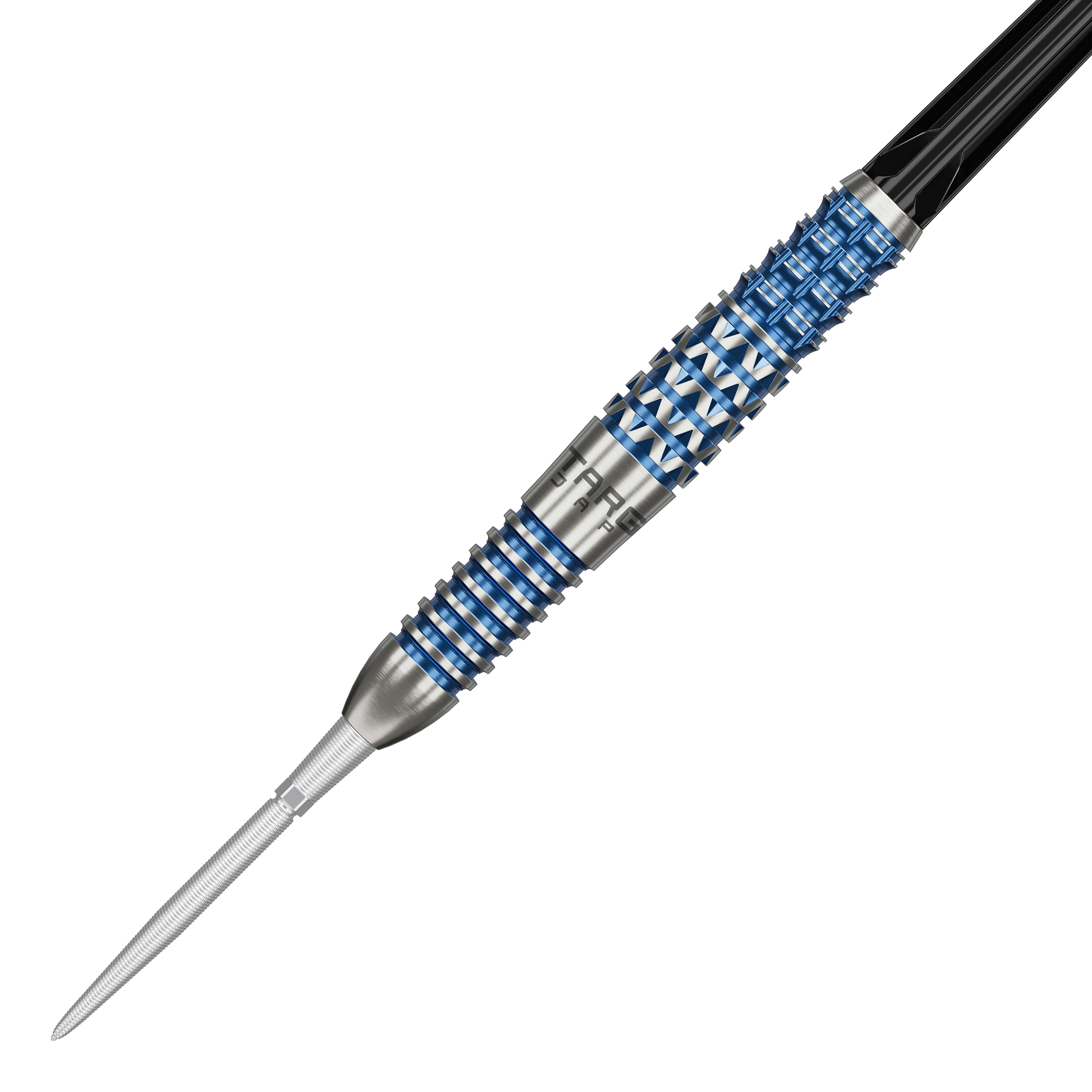 Dies ist ein Steeldart der Marke Target Japan, Modell Toru Suzuki Sereno GEN2 Swiss Point. Der Dart hat ein auffälliges silber-blaues Design mit einer strukturierten Griffzone.