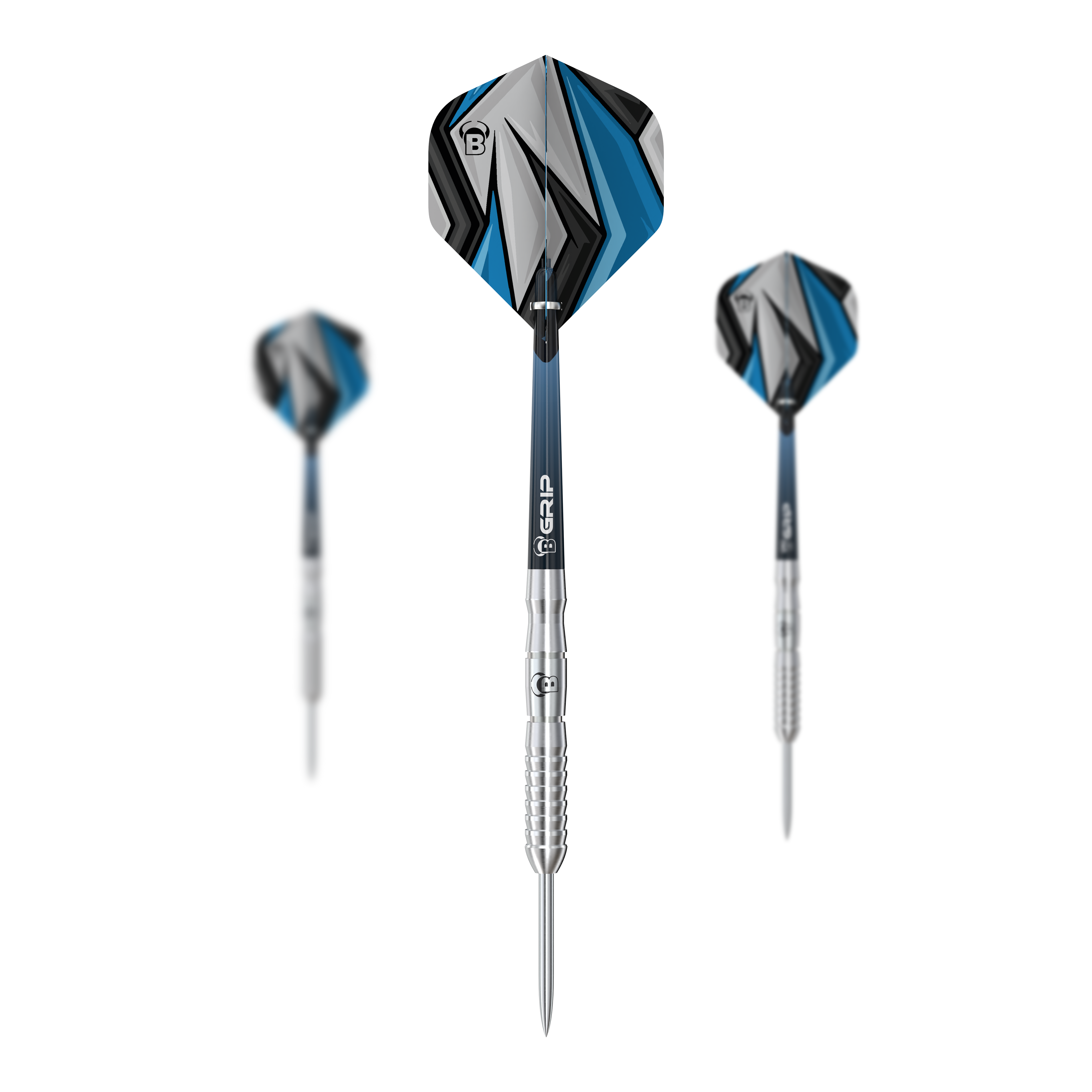 Bulls Stone S3 Steeldarts Auf dem Bild sind drei Bulls Stone S3 Steeldarts zu sehen. Sie haben silberne Spitzen und moderne Flights in Blau, Schwarz und Grau.