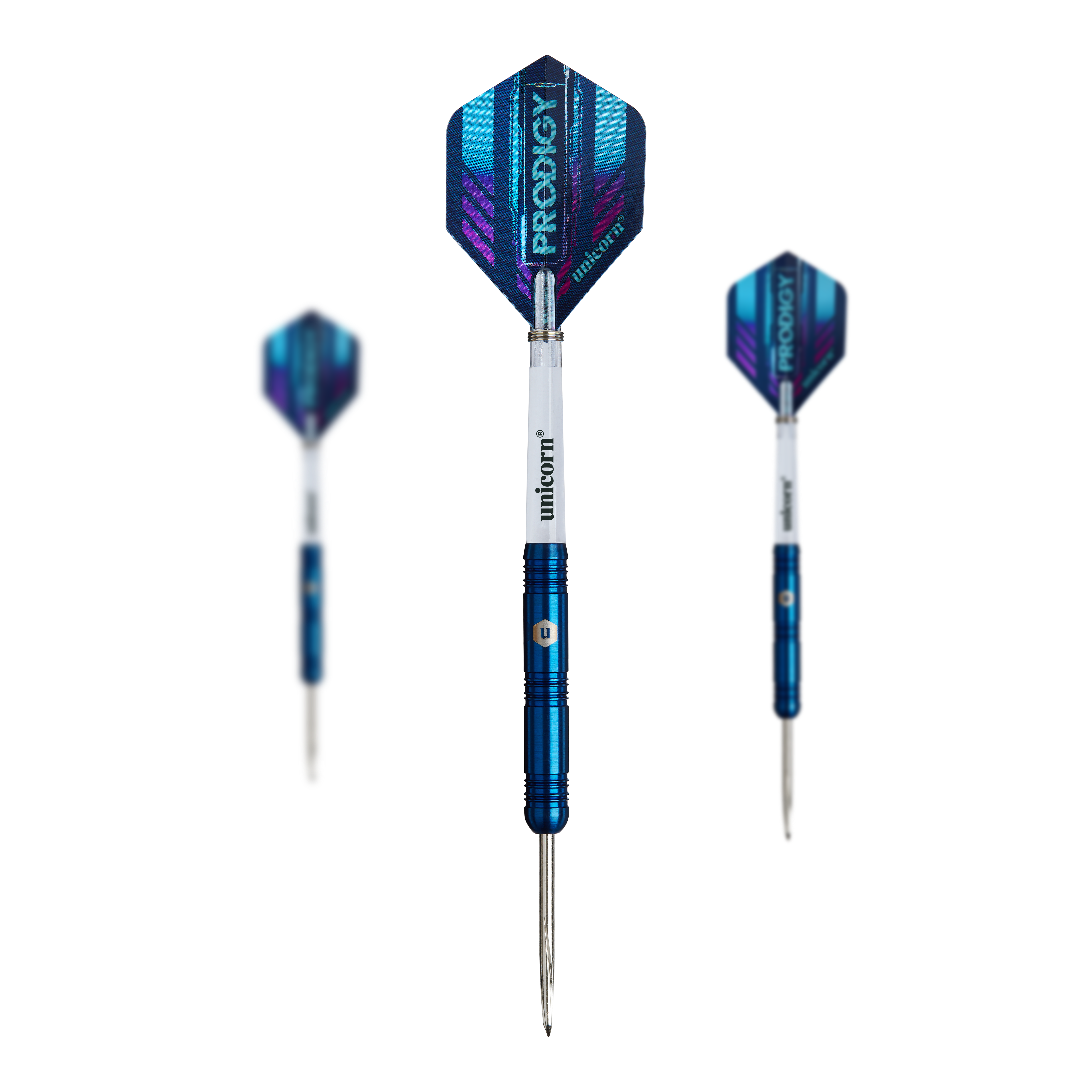 Paralelní ocelové šipky Unicorn Prodigy 01 Das Bild zeigt drei Steeldarts des Produkts "Unicorn Prodigy 01 Parallel". Die Darts haben blaue Schäfte und weiße Flights mit dem Aufdruck "PRODIGY".
