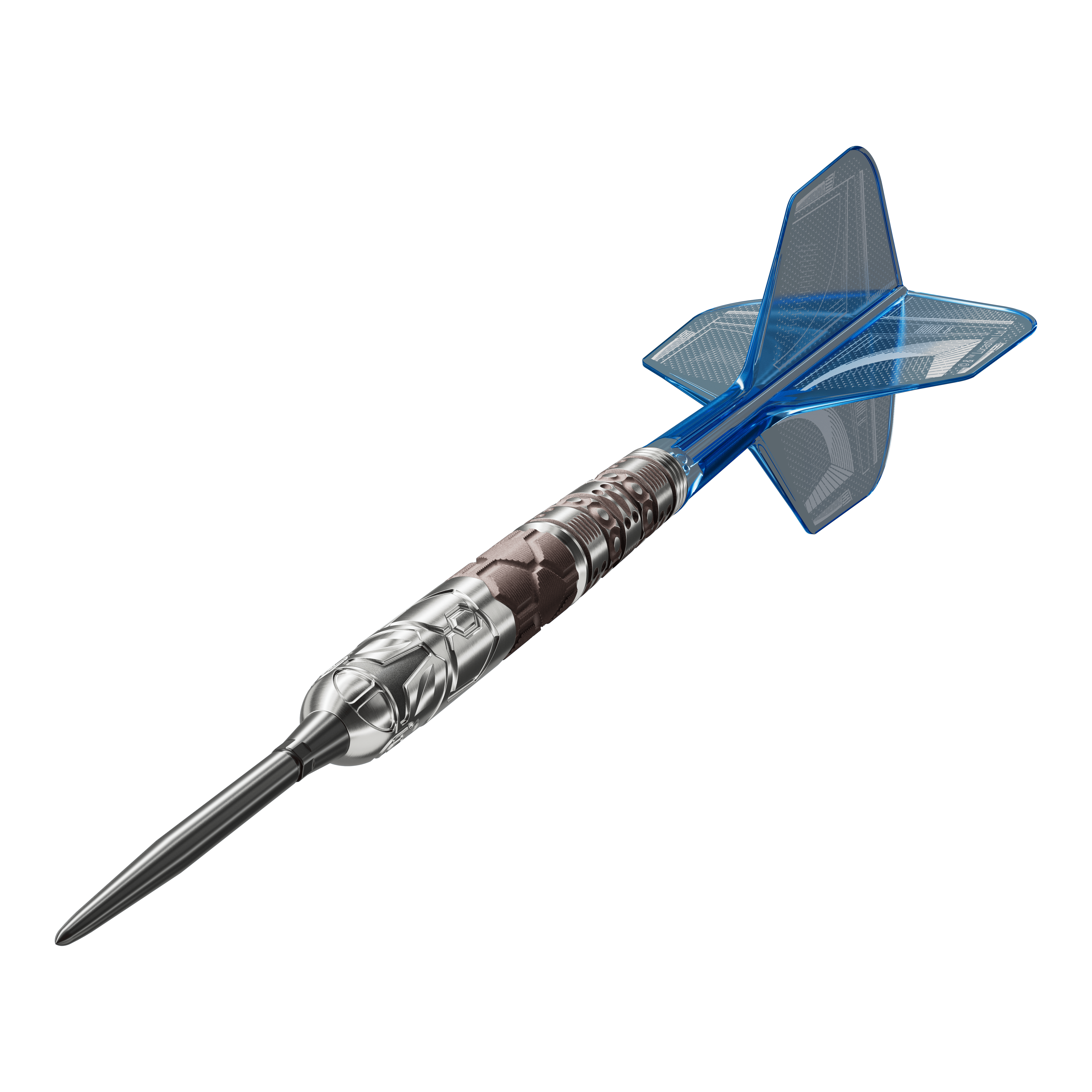 Auf dem Bild sind die Target Star Wars Mandalorian 95 Swiss Point Steeldarts zu sehen. Das Produkt verbindet Qualität mit einem einzigartigen Mandalorian-Look.